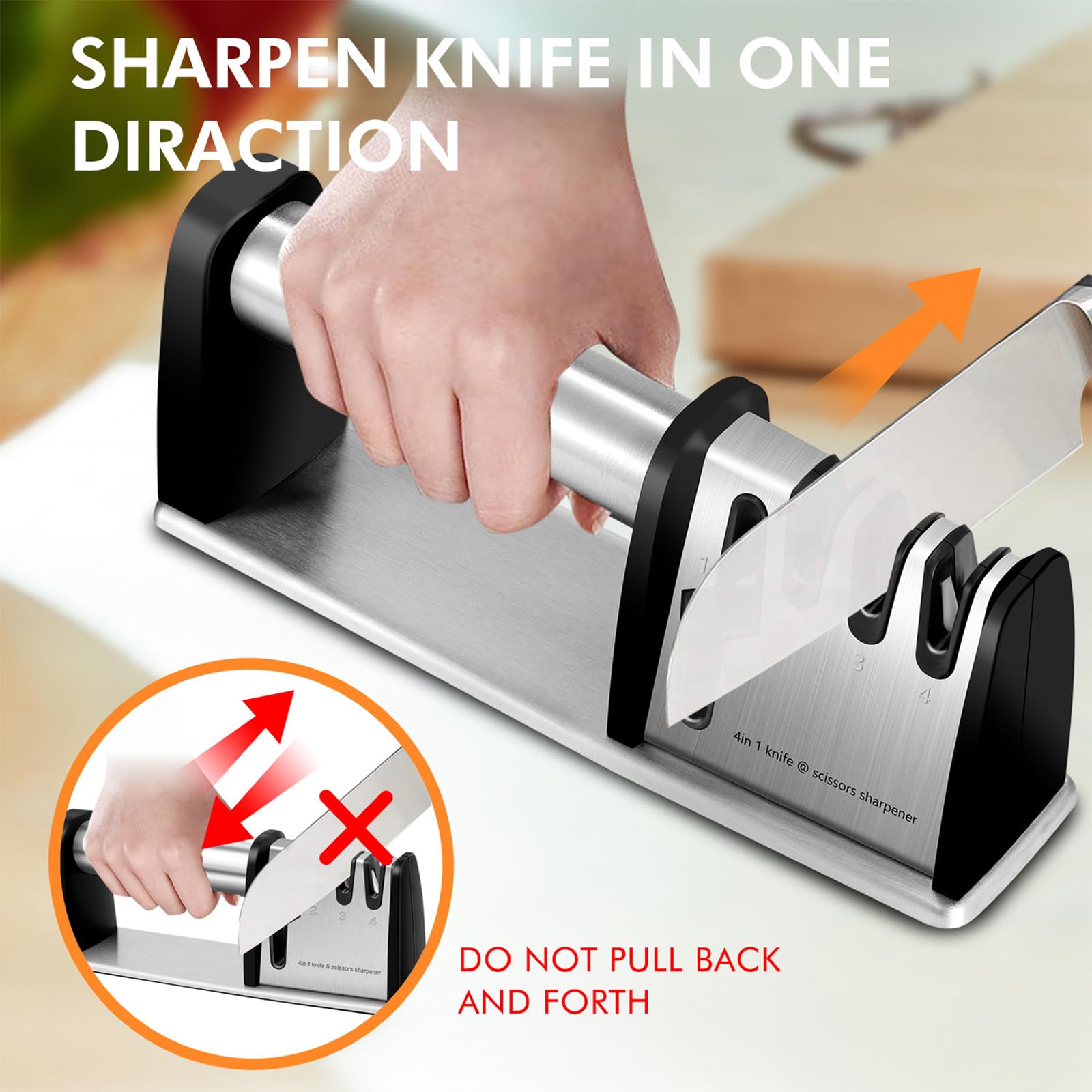 4-in-1 Professional Knife Sharpener - Kitchen Blade & Scissors Sharpening Tool for Chefs | Manual Knife Sharpener for Home & Restaurant Use | Perfect for Kitchen Prep, Camping & Outdoor Cooking