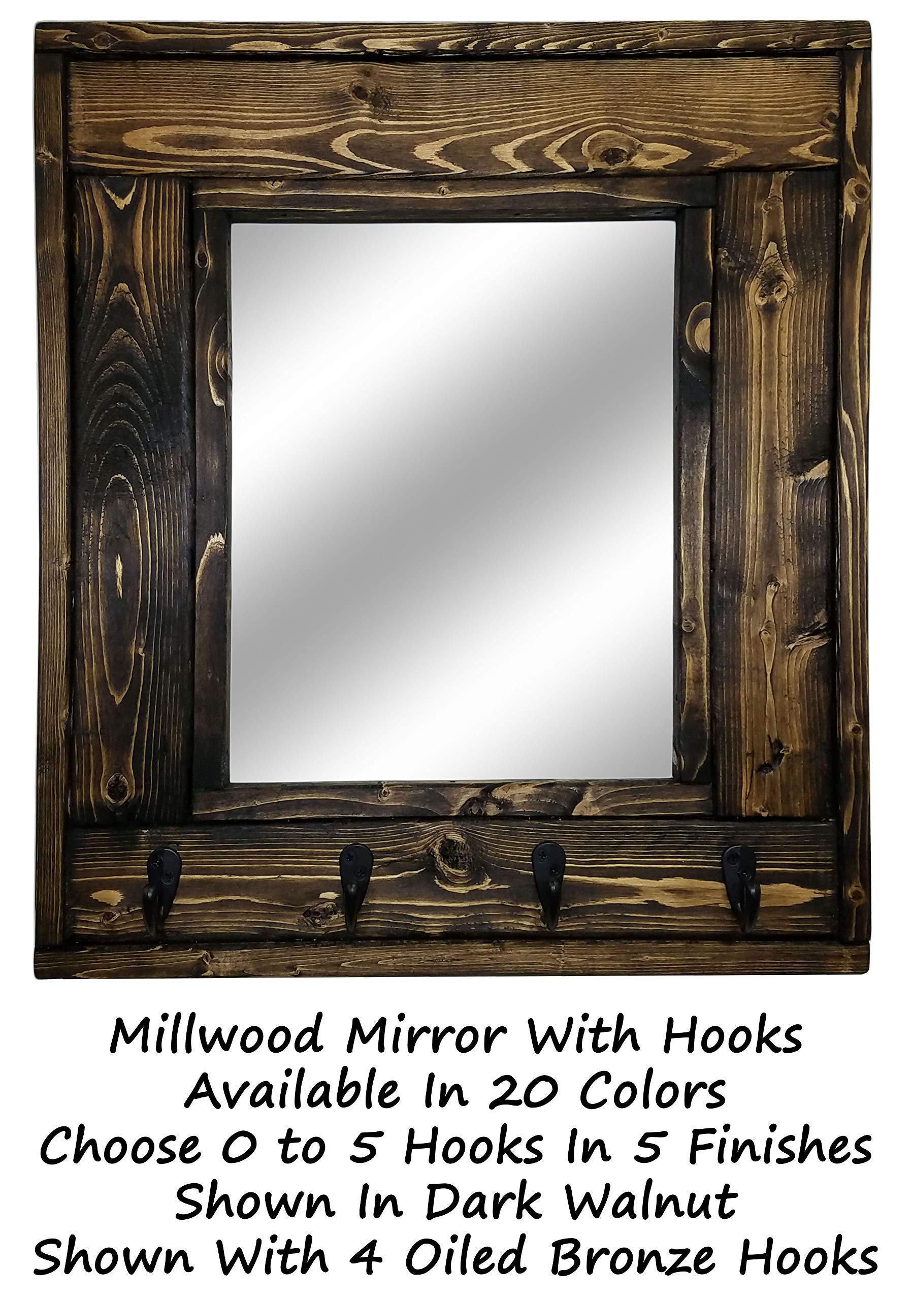 Millwood Wall Mirror with Rustic Hooks - Customizable Dark Walnut Entryway Mirror with 5 Coat Hooks - Farmhouse Decor for Hanging Keys, Hats & Jackets - Perfect for Hallway, Bedroom or Mudroom Organization