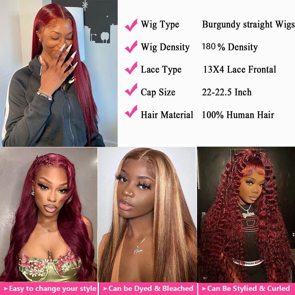 99J Burgundy Lace Front Wigs Human Hair 13x4 Straight Lace Frontal Wigs - Pre Plucked Wine Red Colored 30 Inch 180% Density Wigs for Women | Perfect for Parties, Weddings, Cosplay & Daily Wear