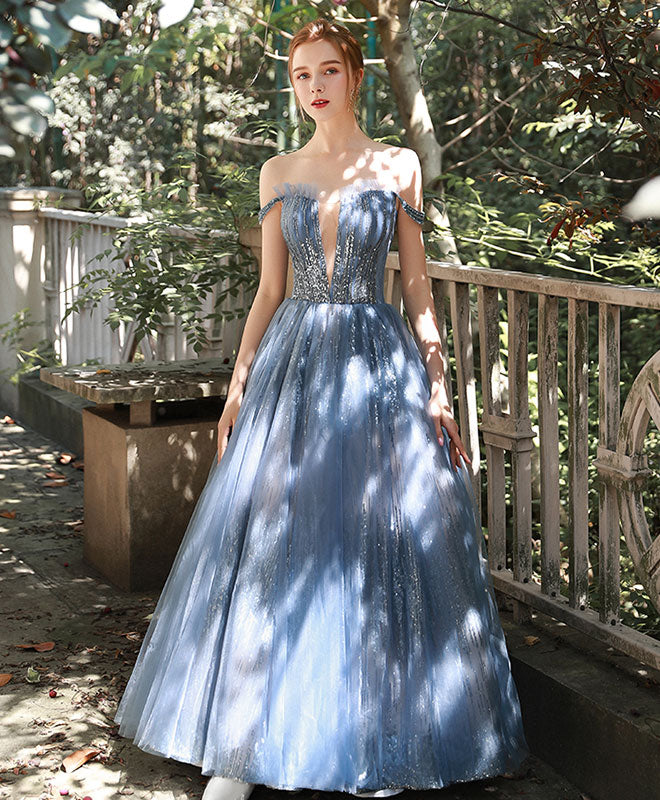 Elegant Blue Tulle Sequin Off-Shoulder Long Prom Dress for Evening Gala & Formal Events - Perfect for Homecoming, Wedding Guest & Special Occasions