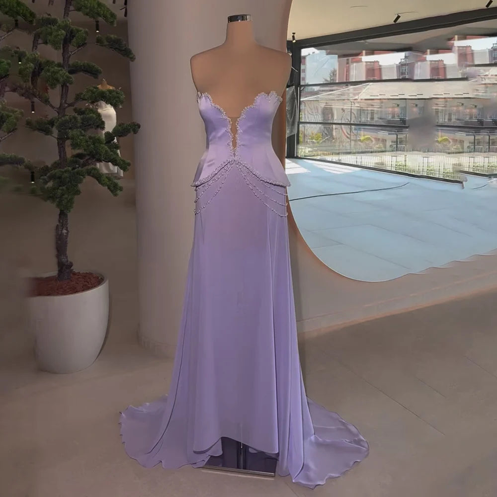 Luxury Dubai Arabic Lilac Beaded Mermaid Satin Evening Gown for Women - Formal Occasion Wedding Prom Dress LA72808 | Elegant Party Wear for Special Events & Red Carpet