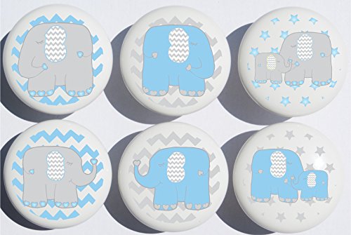 Blue Elephant Drawer Pulls - Ceramic Cabinet Knobs for Jungle Safari & Nursery Decor (Set of 6) - Perfect for Kids' Room, Bathroom Cabinets & DIY Furniture Projects
