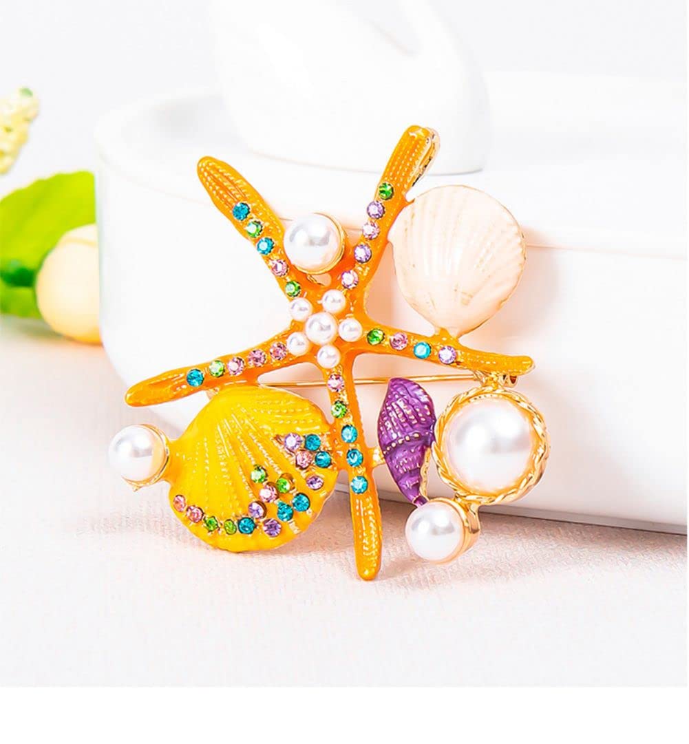 Creative Enamel Starfish Scallop Brooch - Alloy Cartoon Marine Life Pin for Clothing & Accessories - Perfect for Beach Outfits, Summer Fashion & Gift Giving