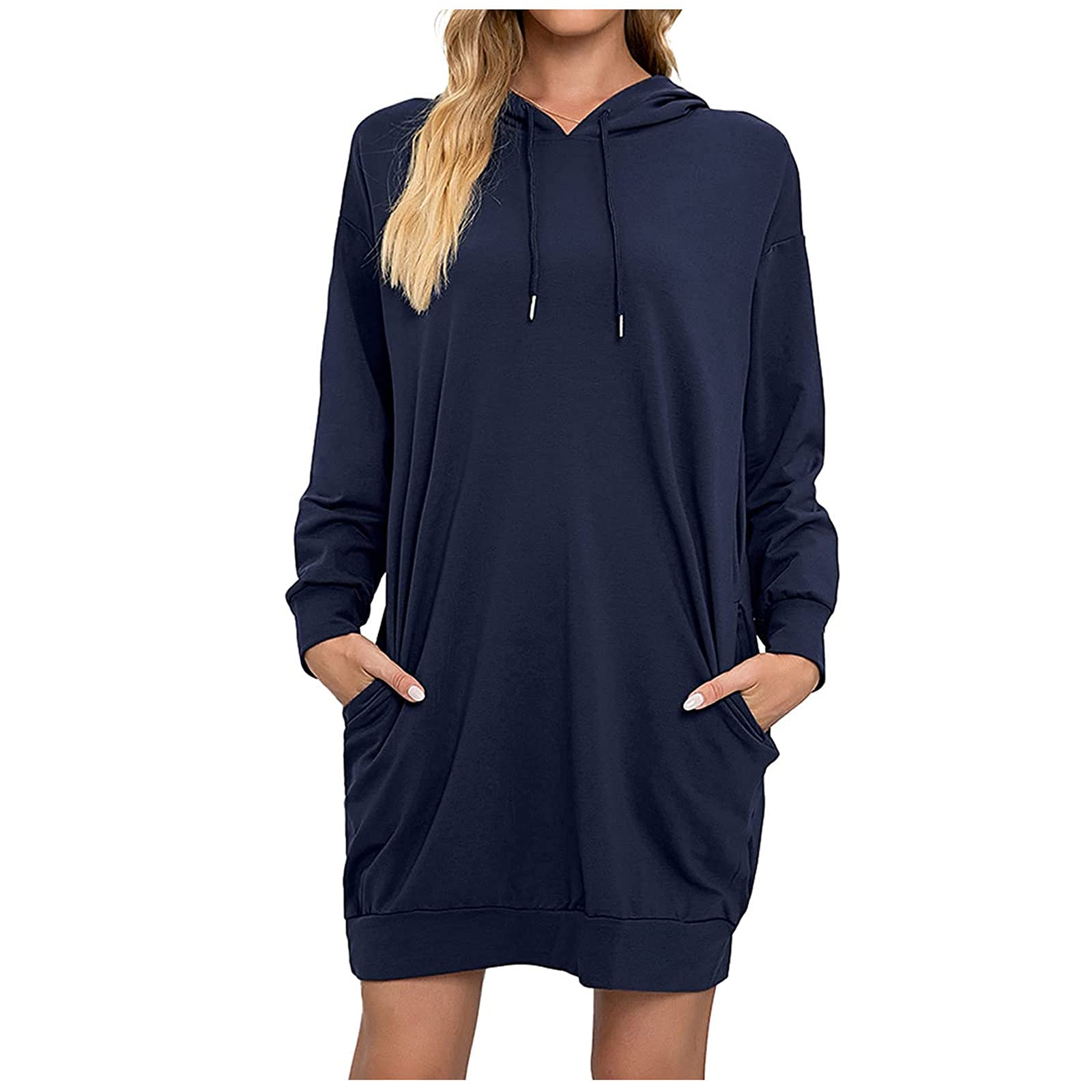 Women's Casual Hoodie Dress - Long Sleeve Solid Color Pullover Sweatshirt with Pockets | Cozy Mini Dress for Streetwear, Lounge & Fall Fashion