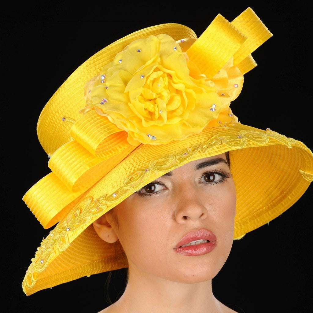 Elegant Yellow Satin Church Hat with Rhinestones & Flower - Perfect for Weddings, Easter Sunday & Special Occasions
