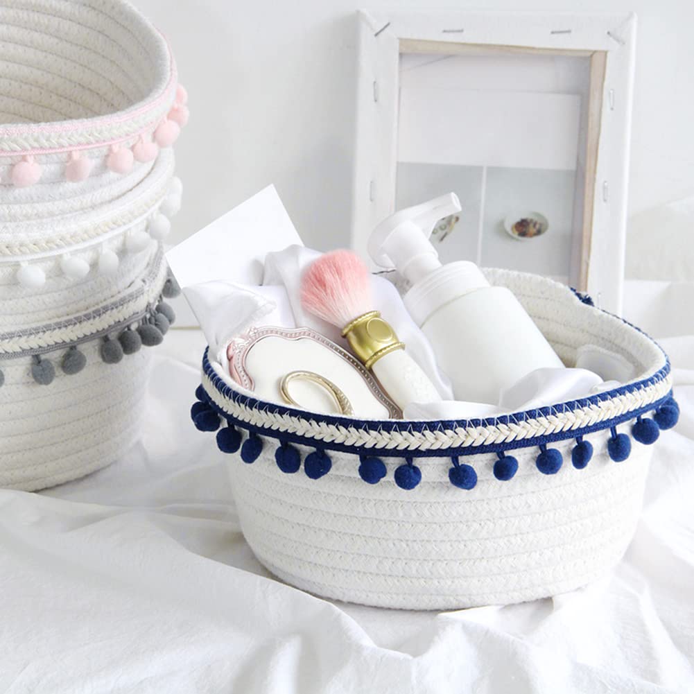 PHEZEN Cotton Rope Storage Baskets - Small Woven Decorative Bins for Toys, Snacks, Clothes, Cosmetics, Fruits & Books - Boho Chic Home Organization (20.5cm x 9.5cm) - Perfect for Nursery, Bathroom, Living Room & Bedroom Storage