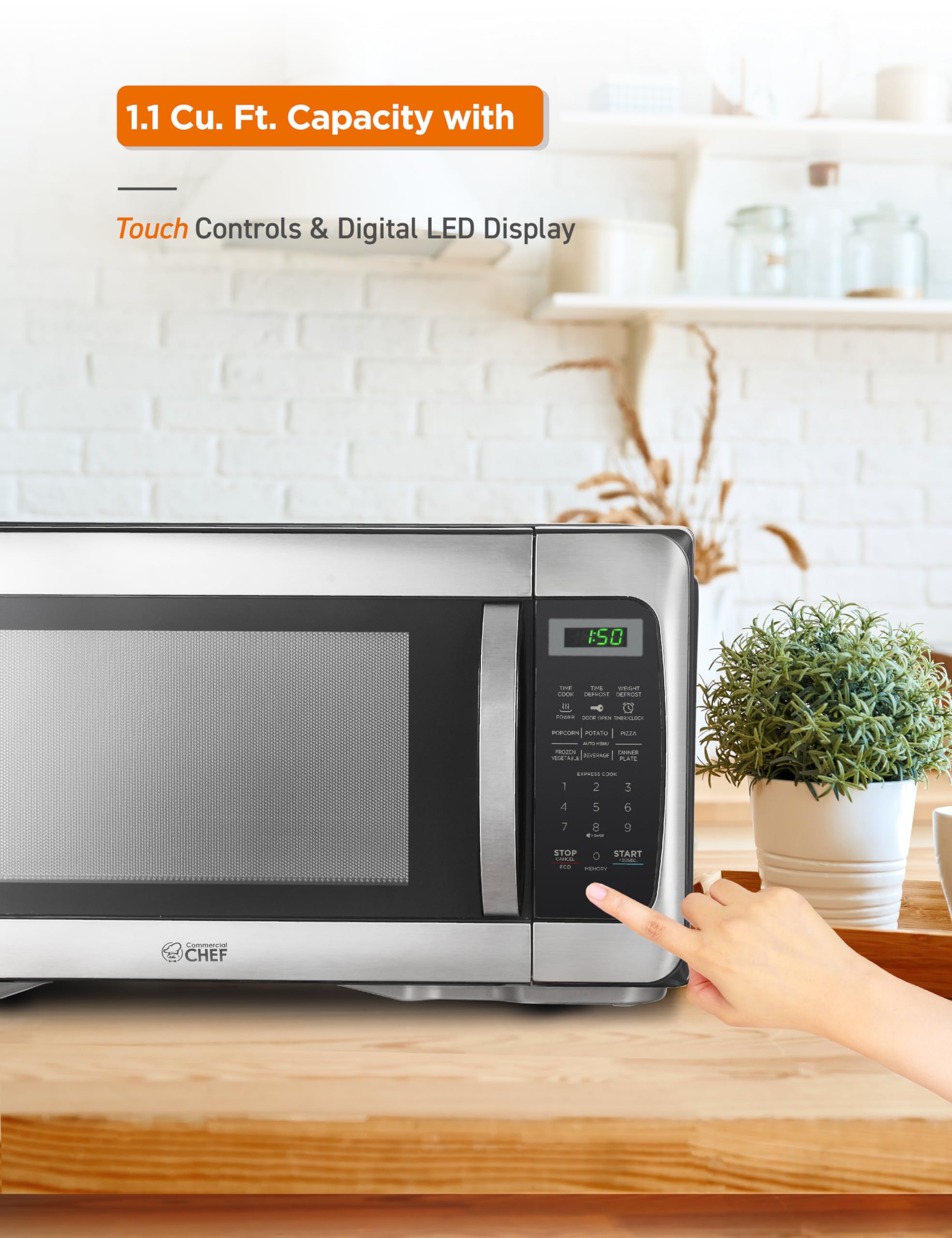 Commercial Chef 1.1 Cu Ft 1000W Countertop Microwave - 10 Power Levels, Push Button Door Lock, Digital Controls & Turntable - Stainless Steel - Perfect for Home Kitchens, Offices & Dorm Rooms