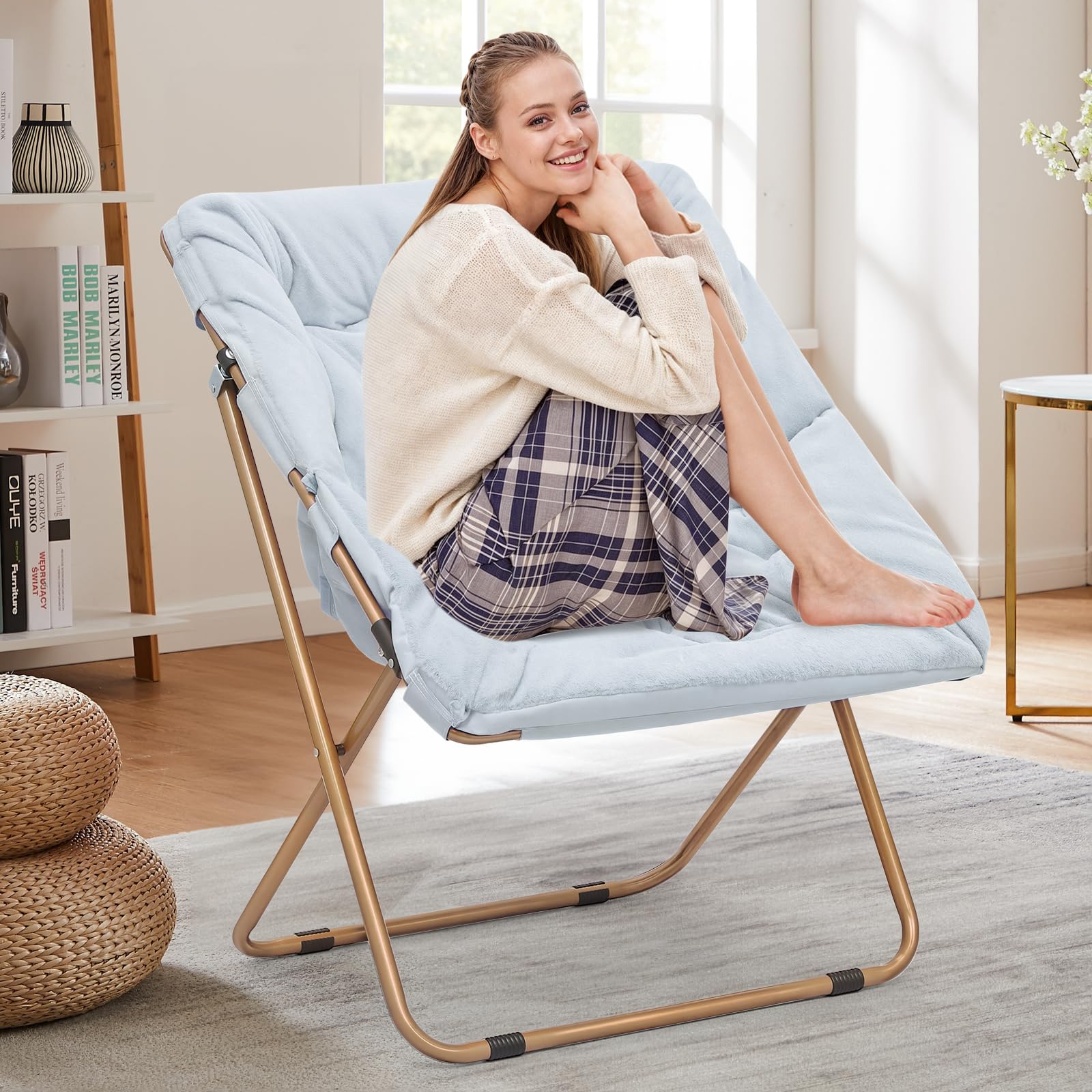 Magshion Square Saucer Chair for Adults - Oversized Folding Lounge Chair with Sturdy Metal Frame | Cozy Seating for Bedroom, Living Room, Dorm & Apartment | Perfect for Relaxing, Reading & Lounging (Blue)