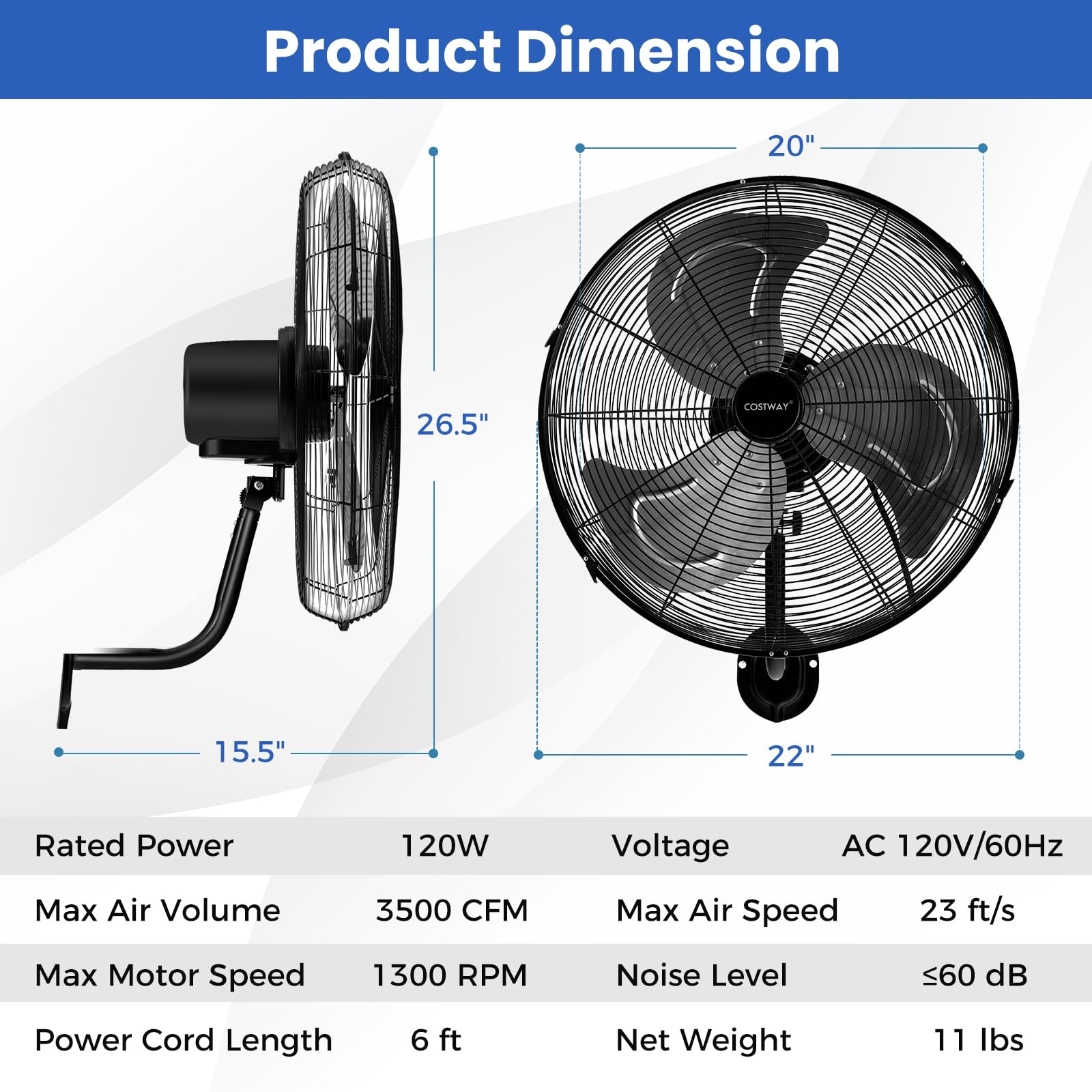 COSTWAY 2-Pack 20-Inch Heavy Duty Metal Wall Mount Fan with 3 Speed Settings, 85° Oscillation & 30° Adjustable Tilt - Aluminum Blade Wall Fan for Garage, Warehouse, Workshop, Home Gym, Patio (Black) | Powerful Cooling for Industrial & Residential Spaces