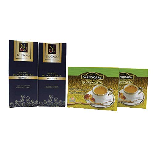 2 Boxes Nugano Black Coffee + 2 Boxes Gano Excel Tongkat Ali Ginseng Coffee - 100% Certified Ganoderma Lucidium Extract, Bold Flavor, Healthy Instant Coffee for Energy Boost & Wellness - Perfect for Office, Home & Travel