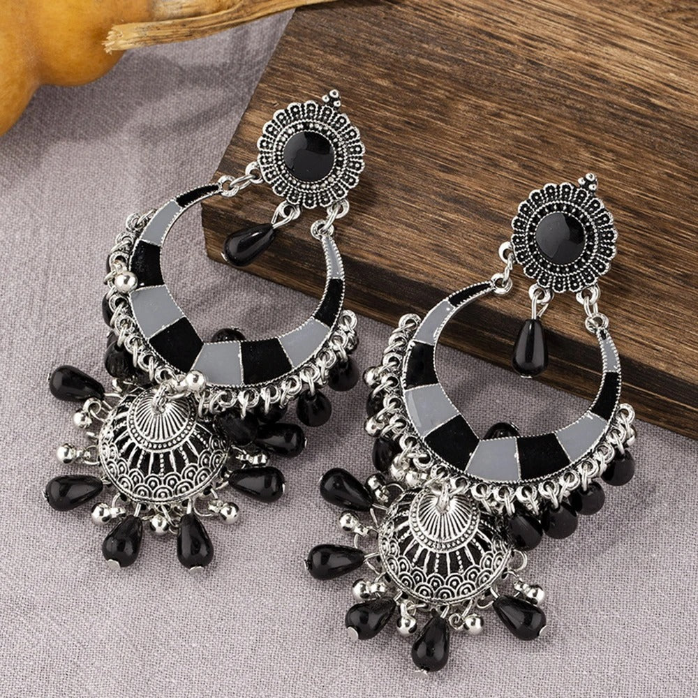 Bohemian Pink Red Beaded Tassel Earrings for Women | Afghan Gypsy Jewelry | Retro Ethnic Silver Plated Bell Dangle Earrings (E848) | Perfect for Festivals, Parties & Boho Fashion