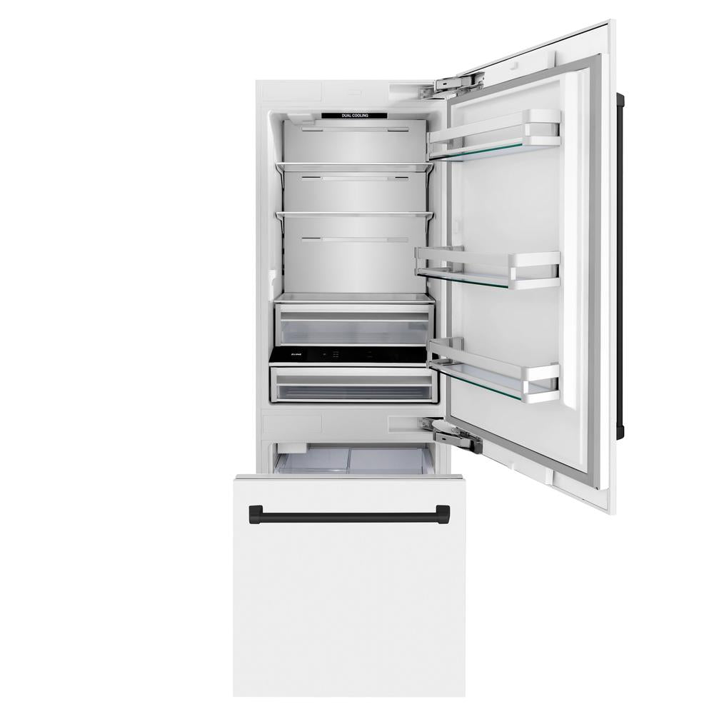 ZLINE Autograph Edition 30 Inch Built-In Bottom Freezer Refrigerator - 16.1 cu ft Capacity, Water Dispenser & Ice Maker - White Matte Finish with Matte Black Accents (RBIVZ WM 30 MB) - Perfect for Modern Kitchens & Open Concept Homes