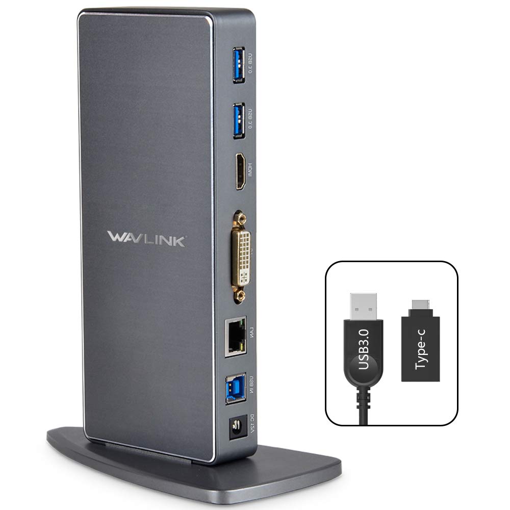 WAVLINK USB 3.0/USB C Universal Docking Station - Dual HDMI/VGA/DVI Video Outputs, 6 USB 3.0 Ports, Gigabit Ethernet - Compatible with Laptop, PC, Mac - Aluminum 1080P Dual Monitor Hub for Home Office & Remote Work
