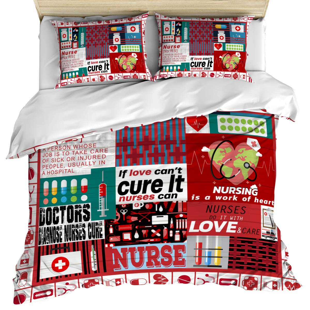 Vintage Wood Nurse Theme 3-Piece Duvet Cover Set - Full Size Plaid Check Cotton Bedding with Pillow Shams | Soft, Cozy & Machine Washable | Perfect for Farmhouse, Cottage or Vintage Themed Bedrooms