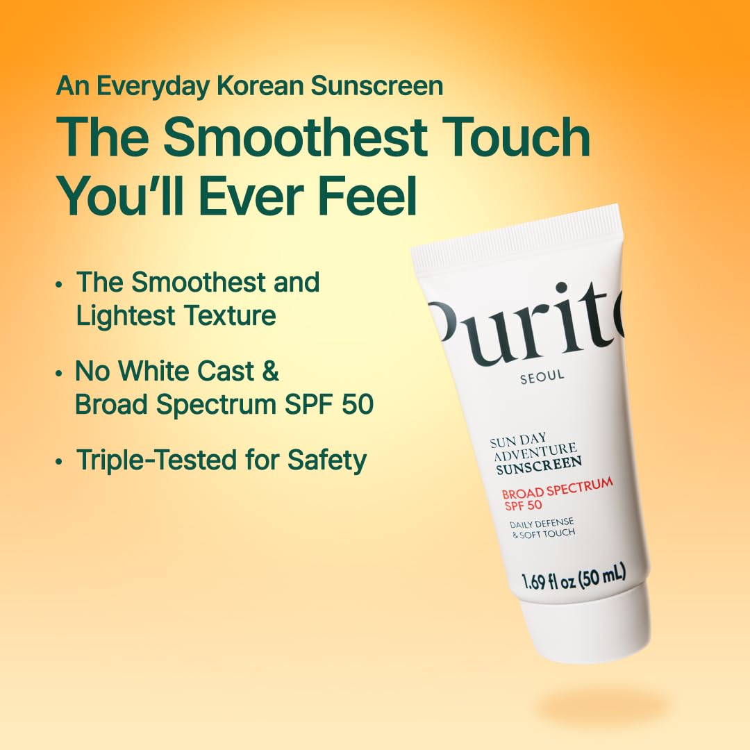 PURITO Sun Day Adventure Korean Sunscreen SPF 50 PA++++ - Broad Spectrum UVA/UVB Protection, Lightweight Non-Greasy Formula, No White Cast, Oil-Free & Vegan - Daily Face Sunscreen for Sensitive Skin (50ml/1.69 fl.oz) - Perfect for Outdoor Activities, Beach Days & Daily Sun Protection