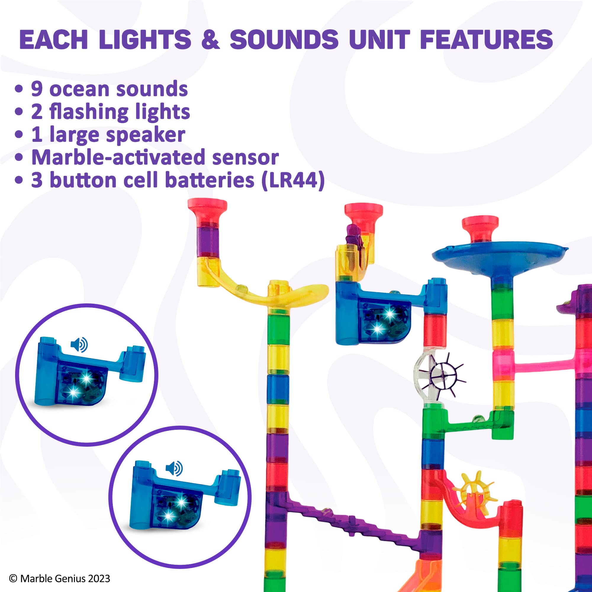 Marble Genius Marble Run Lights & Sounds Accessory Set - 9 Ocean Sound Effects & 2 Flashing LED Lights | STEM Educational Toy for Kids Ages 3+ | Compatible with All Marble Genius Sets | Perfect for Sensory Play & Early Learning Activities (Light Blue Ocean Theme)