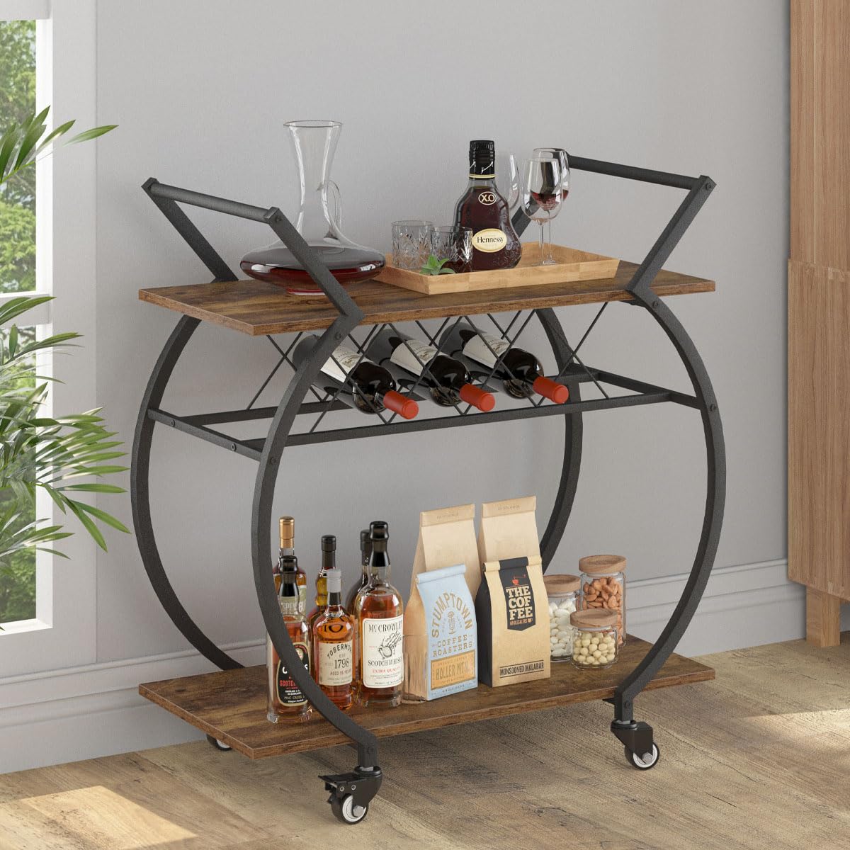 LVB Industrial Kitchen Bar Cart with Wheels - Farmhouse Style Wood & Metal Rolling Beverage Serving Cart with Storage Shelf - Rustic Brown Drink Cart for Home, Living Room, Dining Room - Perfect for Wine Storage, Cocktail Parties & Microwave Placement