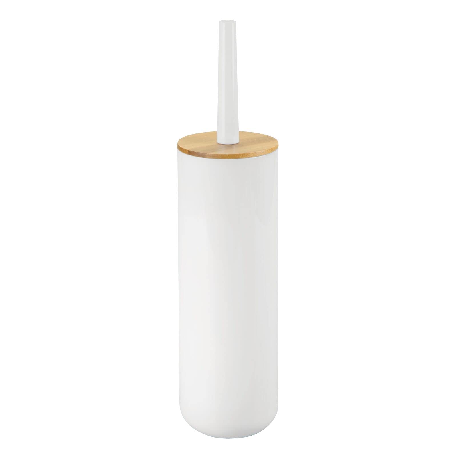 mDesign Plastic Toilet Bowl Brush with Bamboo Lid Cover - 2 Piece Bathroom Organizer Set, Natural/White - Space Saving Bathroom Storage Solution for Small Spaces & Modern Decor