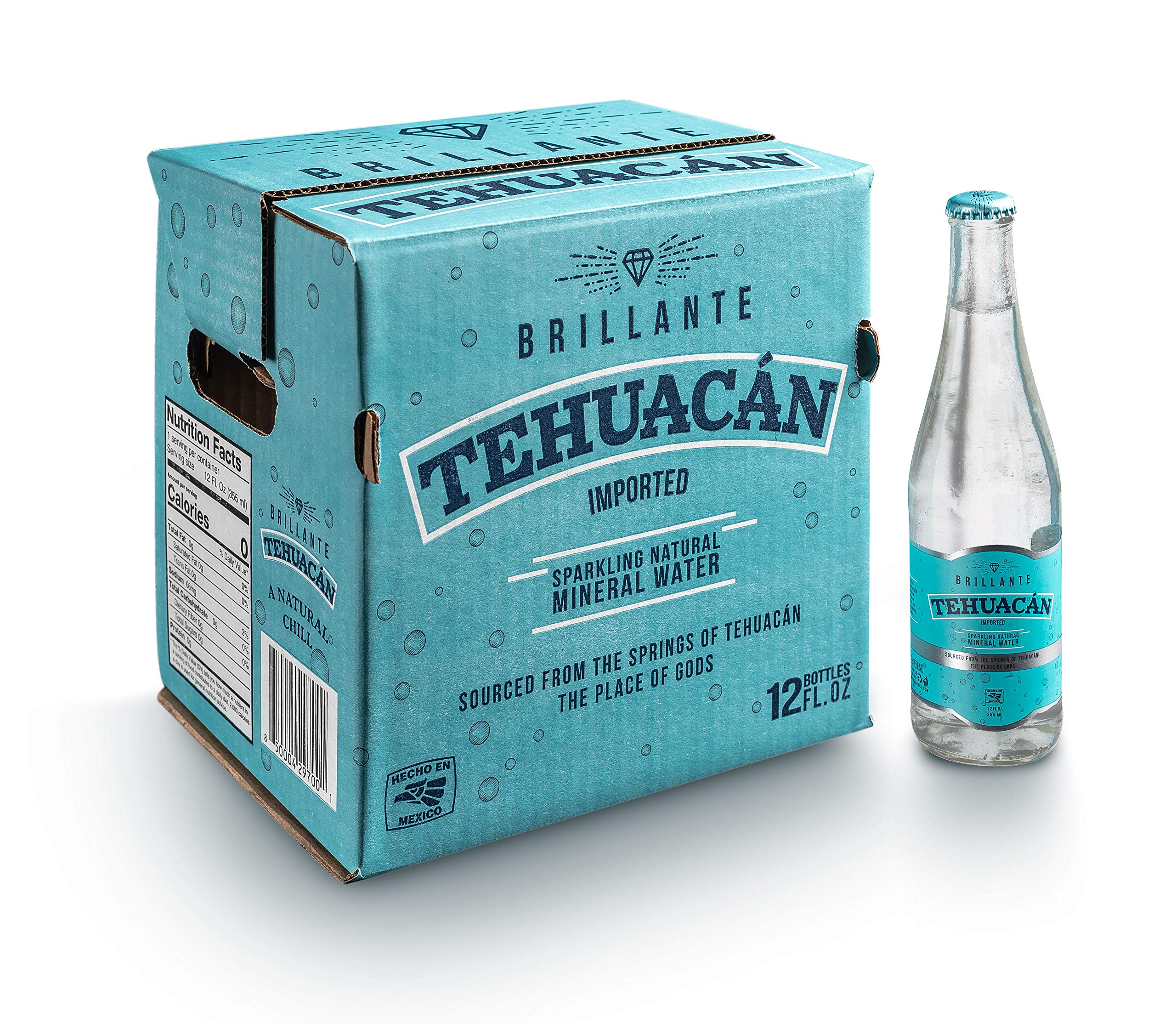 Tehuacán Brillante Sparkling Mineral Water – Naturally Carbonated by Volcanic Rock | Zero Calories, No Sugar, Unflavored | Perfect for Cocktails, Mocktails & Healthy Hydration (12 Pack, 12oz Bottles)