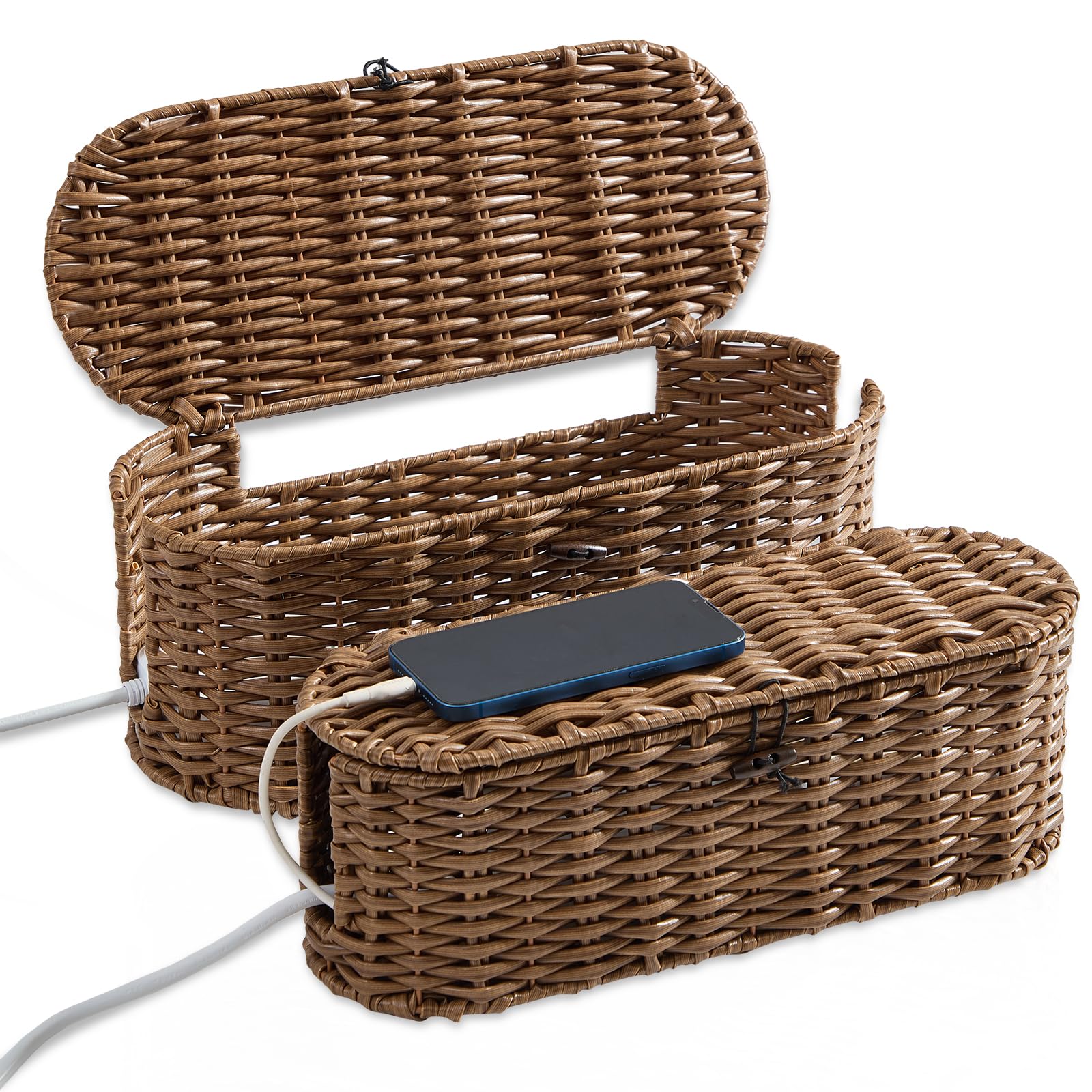 FairyHaus 2-Pack Woven Cable Management Box - Small & Large Cord Organizer to Hide Power Strips & Wires | Brown Wicker-Style Desk & Floor Cable Hider for Home Office, Living Room & Bedroom Organization