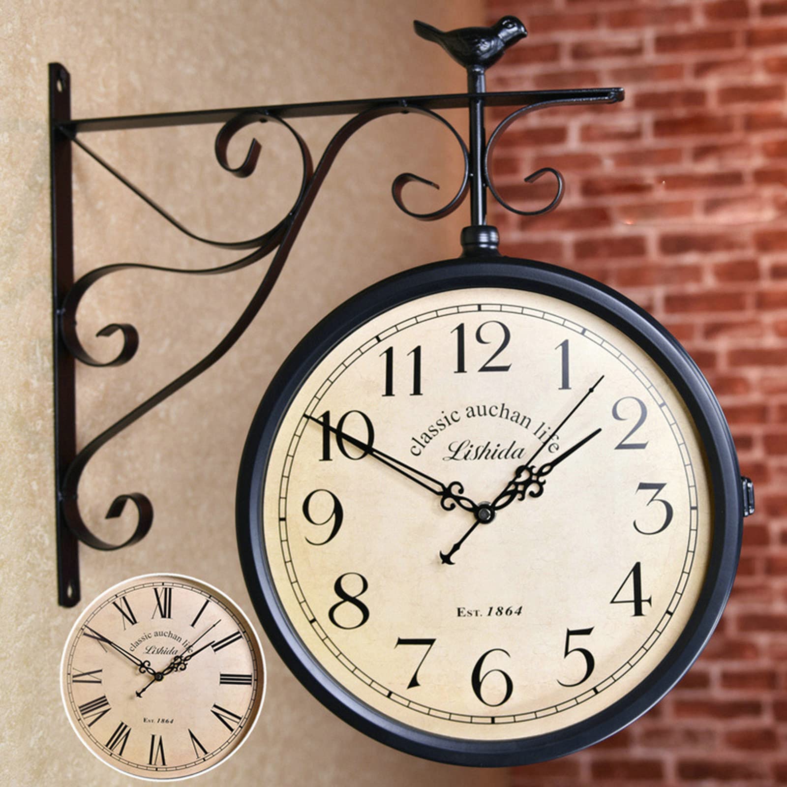 Vintage Double Sided Garden Wall Clock - Classic Retro Outdoor Station Clock with Bracket - Perfect for Patio, Backyard, Farmhouse & Countryside Decor