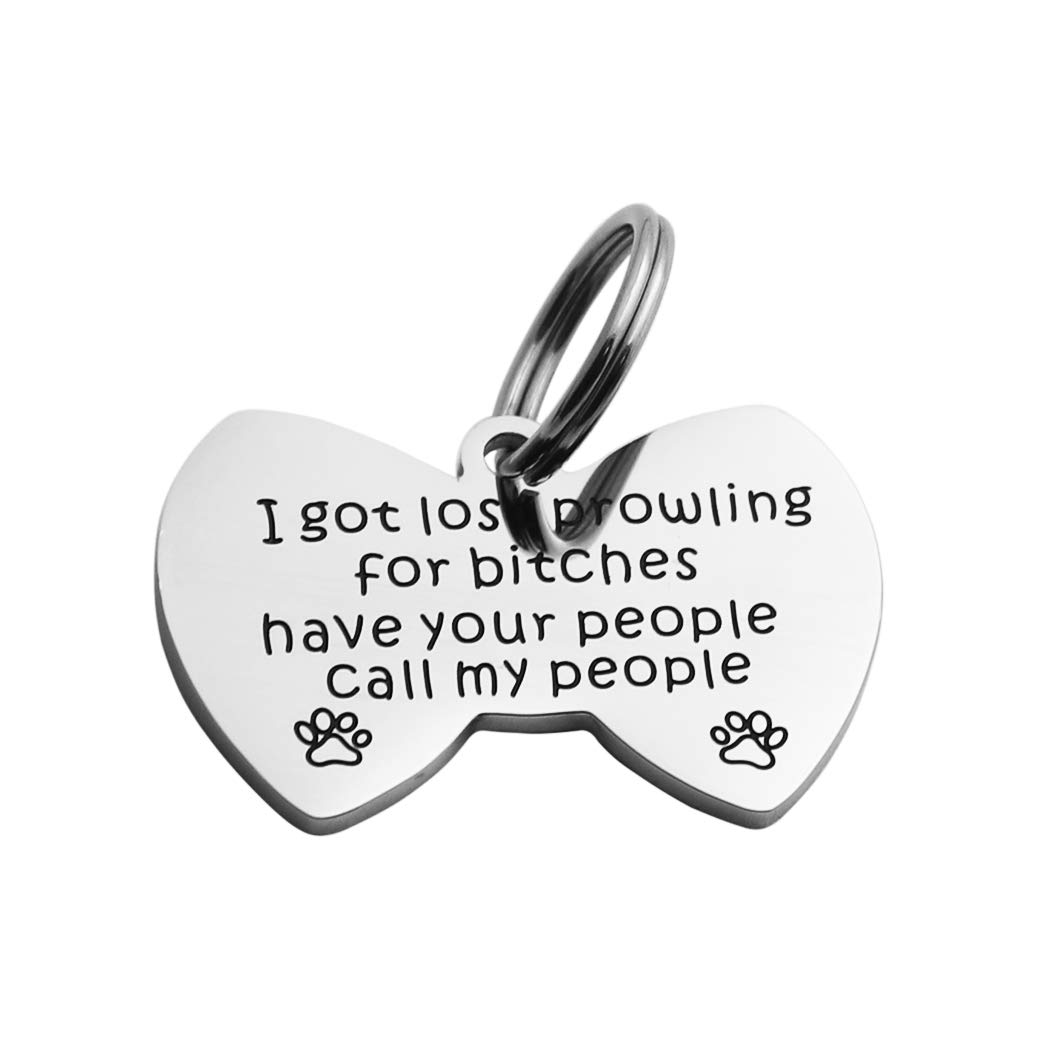 Funny Stainless Steel Bow Tie Pet ID Tag for Dogs & Cats - 'I Got Lost Prowling for Bitches' Engraved - Durable Pet Collar Tag for Puppies - Perfect for Lost Pet Prevention & Playful Style