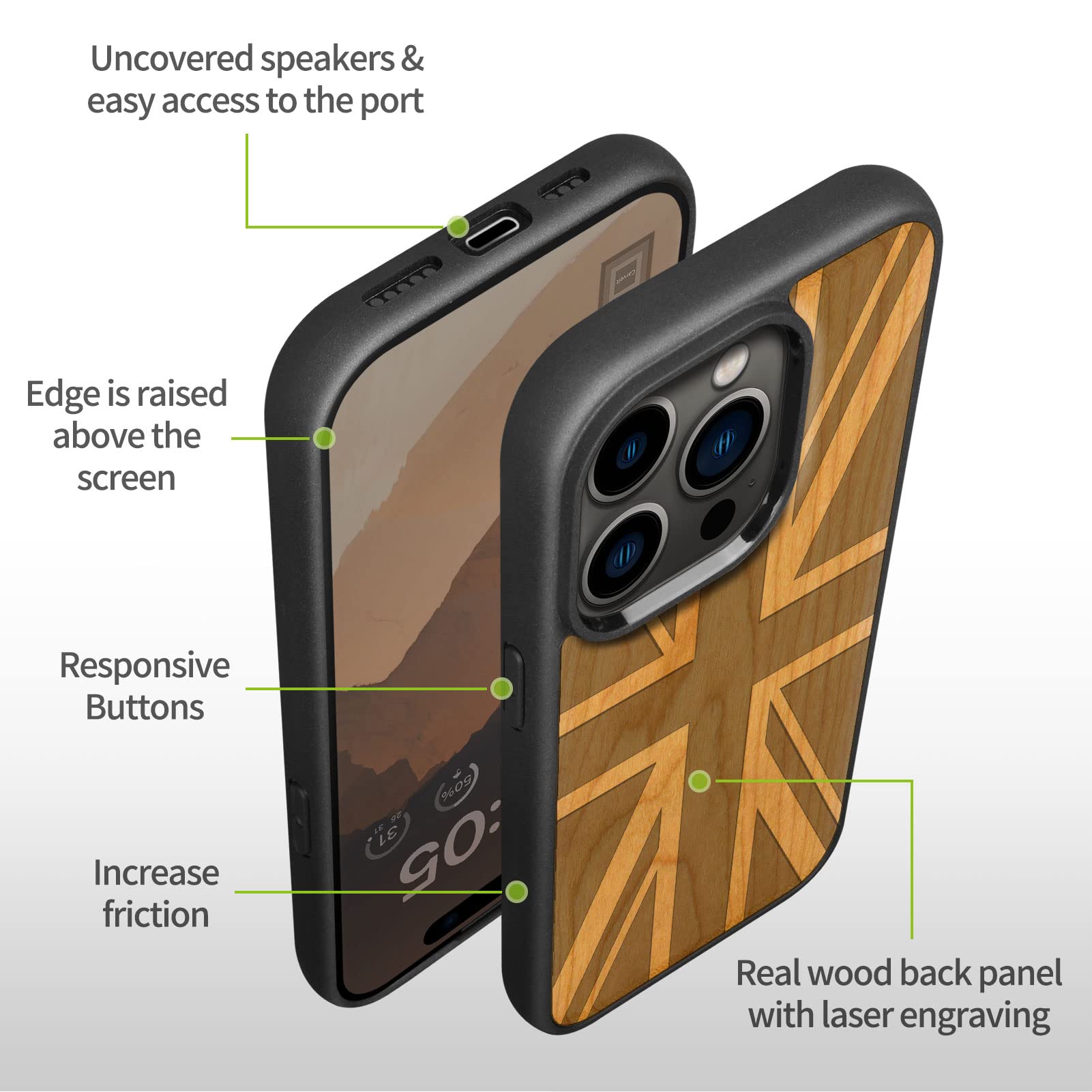 Carveit Magnetic Wooden Case for iPhone 14 Pro Max - Natural Wood & Black TPU Shockproof Protective Cover with Magsafe Compatibility | British Flag Cherry Design | Perfect for Outdoor Adventures & Business Meetings