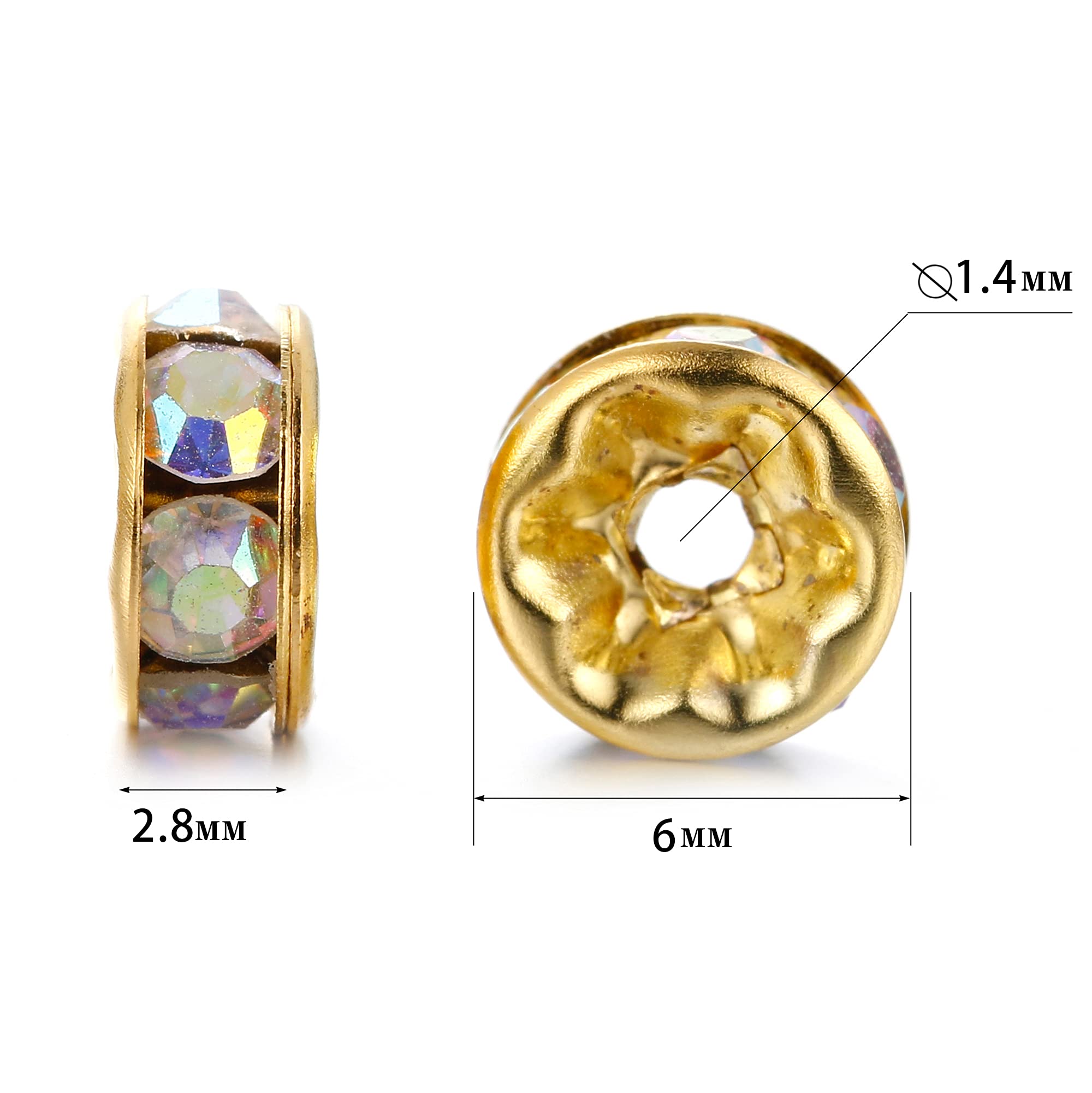 200PCS 6MM Gold Plated Round Rondelle Spacer Beads - Colorful AB Crystal Rhinestone Loose Beads for Jewelry Making, DIY Necklaces, Bracelets, Earrings - Perfect for Crafting, Gift Making & Fashion Accessories (AB Crystal-Gold, 6MM)