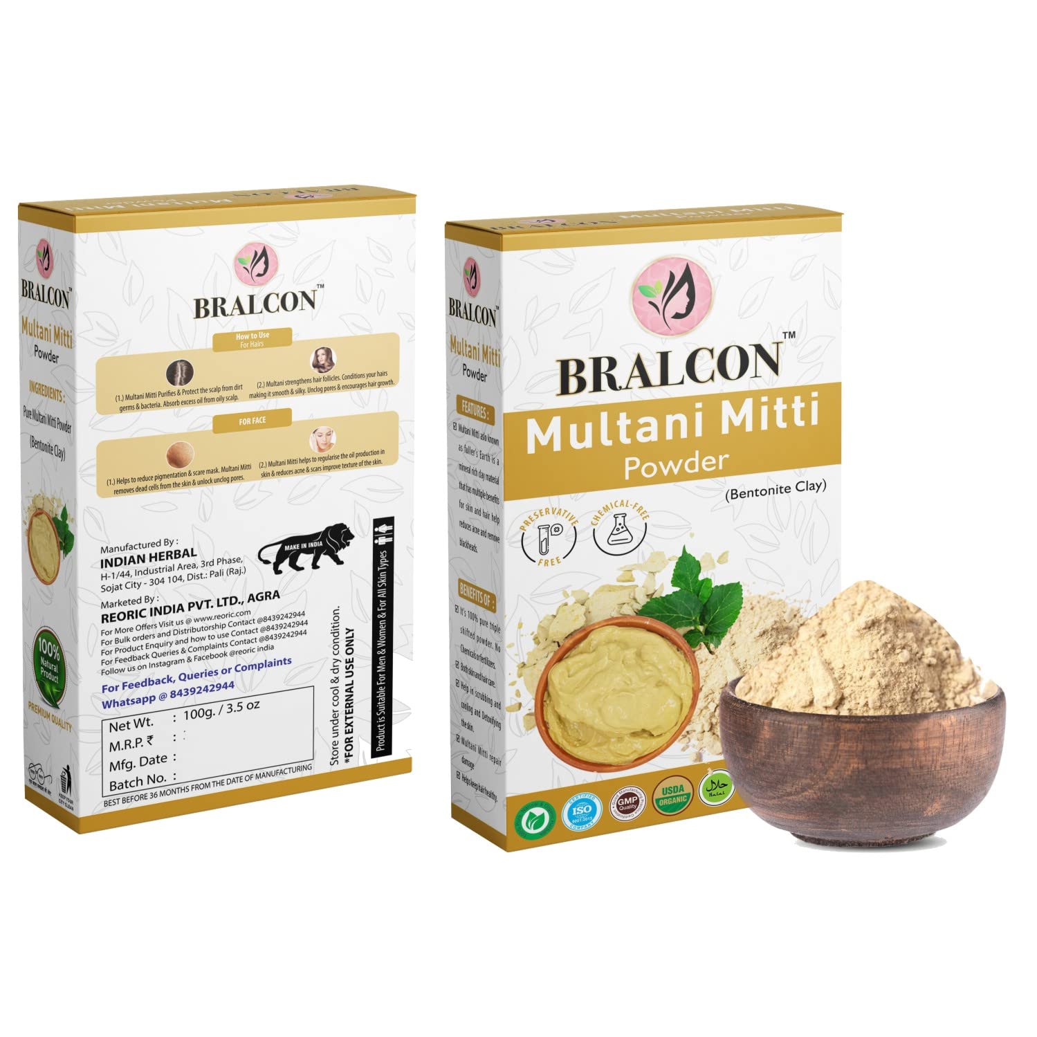 BRALCON Gulab Jal Rose Water (100ml) & Multani Mitti Clay Powder (100g) Combo Set - Natural Face Mask, Skin Brightening & Hair Care Treatment for Glowing Skin - Perfect for DIY Spa, Acne Treatment & Daily Beauty Routine