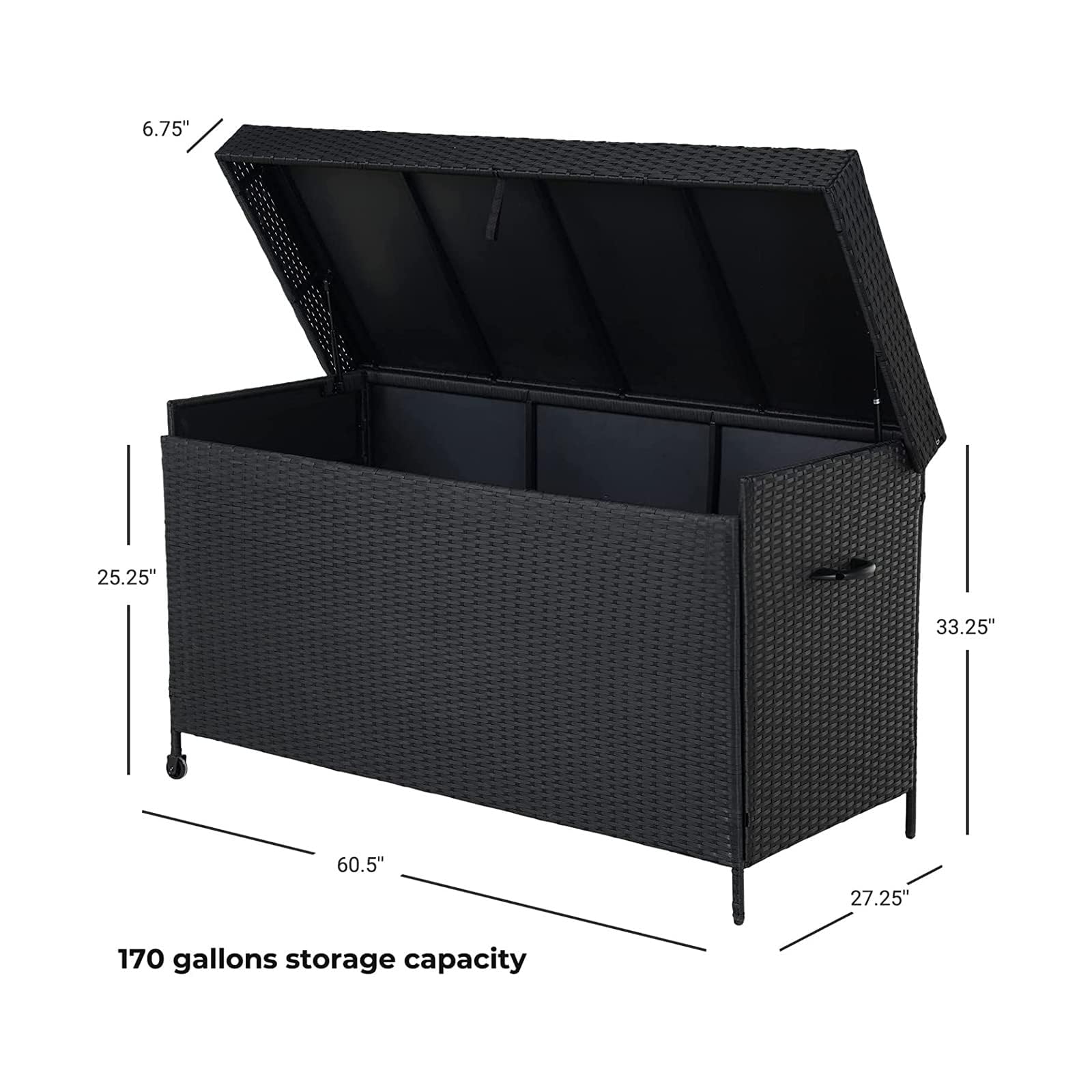 170 Gallon Wicker Deck Storage Box - Outdoor & Indoor Patio Furniture Organizer for Cushions, Garden Tools, Pool Accessories - Weatherproof Black Storage Bin for Backyard, Garden & Poolside Use