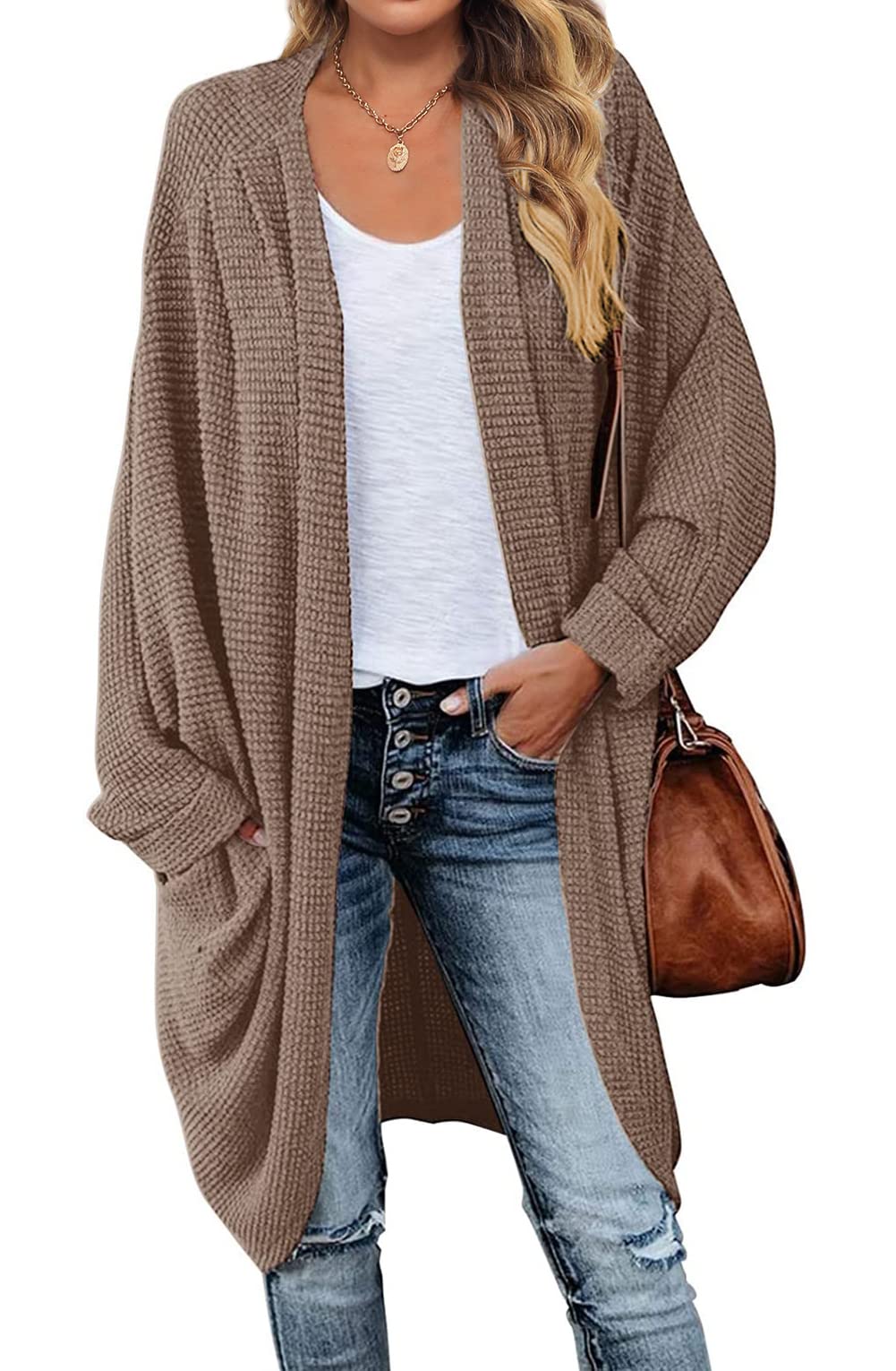 MEROKEETY Women's 2025 Fall Waffle Knit Batwing Long Sleeve Cardigan - Loose Open Front Sweater Coat for Casual Outfits & Layering in Cool Weather
