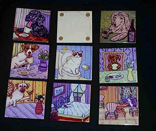 Bulldog Working on Computer Art Tile Coaster Set - Unique Gift for Office, Home & Coffee Lovers - Perfect for Desks, Coffee Tables & Gamer Setups