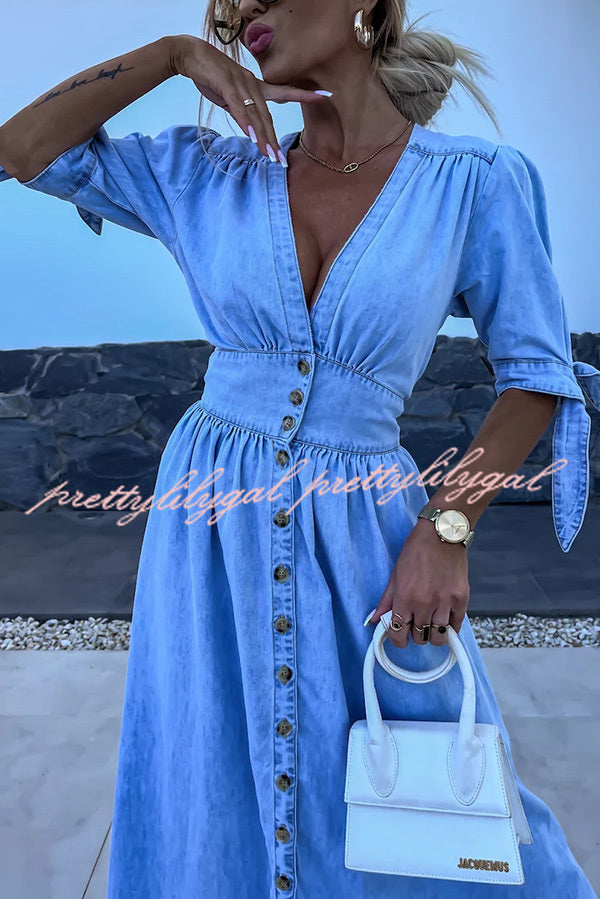 Stylish Solid Color V-Neck Button Down Denim Midi Dress for Women | Casual & Office Wear | Perfect for Spring & Summer Outings