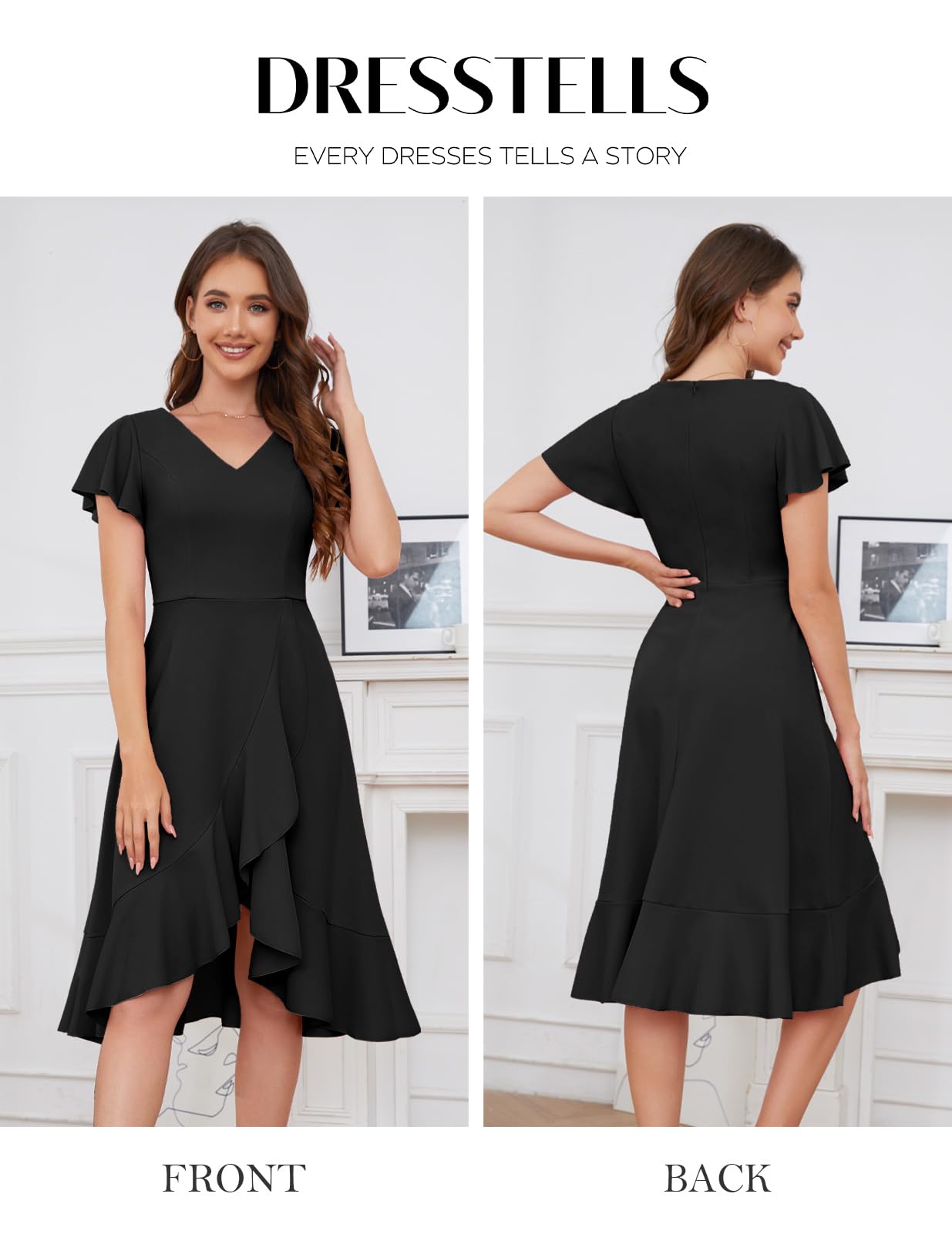 DRESSTELLS Women's Cocktail Dresses 2025 | Formal Wedding Guest Dress with Ruffle Detail | V-Neck Vintage Evening Gown for Prom, Party & Special Occasions