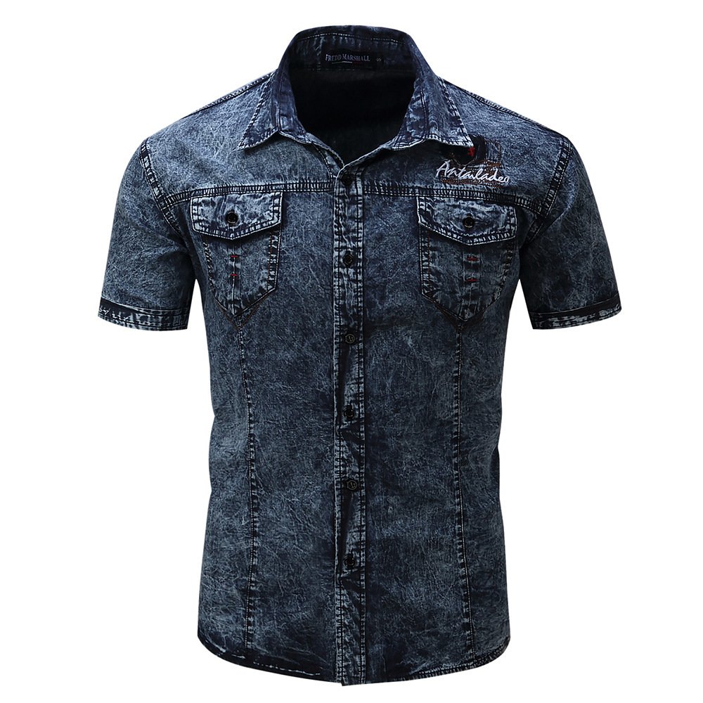 FREDD MARSHALL Men's Short Sleeve Denim Work Shirt - Casual Button Down Shirt for Men, Lightweight Summer Shirt with Chest Pocket - Perfect for Outdoor Work, BBQ Parties & Everyday Wear