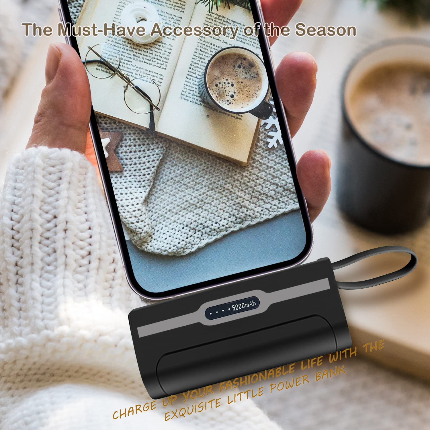 Portable 4800mAh Mini Power Bank - Fast Charging External Battery for iPhone (Direct Plugin) & USB-C Android Devices | Emergency Backup for Travel, Camping, and Daily Use - Black
