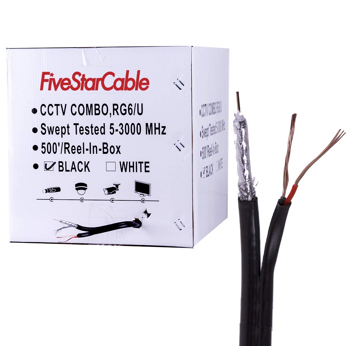 FiveStarCable 500ft Siamese RG6 Coaxial Cable with 18AWG Power Wire - CCTV Security Camera Cable for DVR & Surveillance Systems (RG6/U + 18/2, Black) - Ideal for Home & Business Security Installations