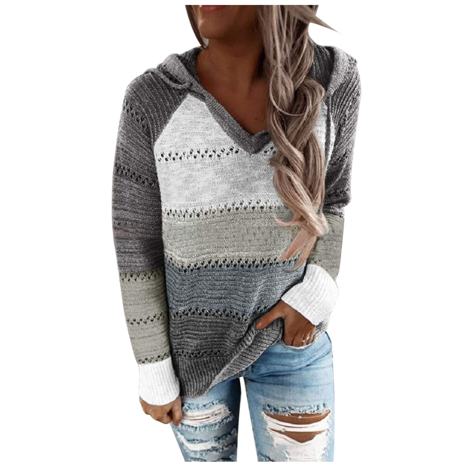 EOPUING Women's Lightweight Hooded Sweater - Casual Knit Pullover with Drawstring & Color Block Design | Perfect for Autumn Fashion, Outdoor Activities & Cozy Loungewear
