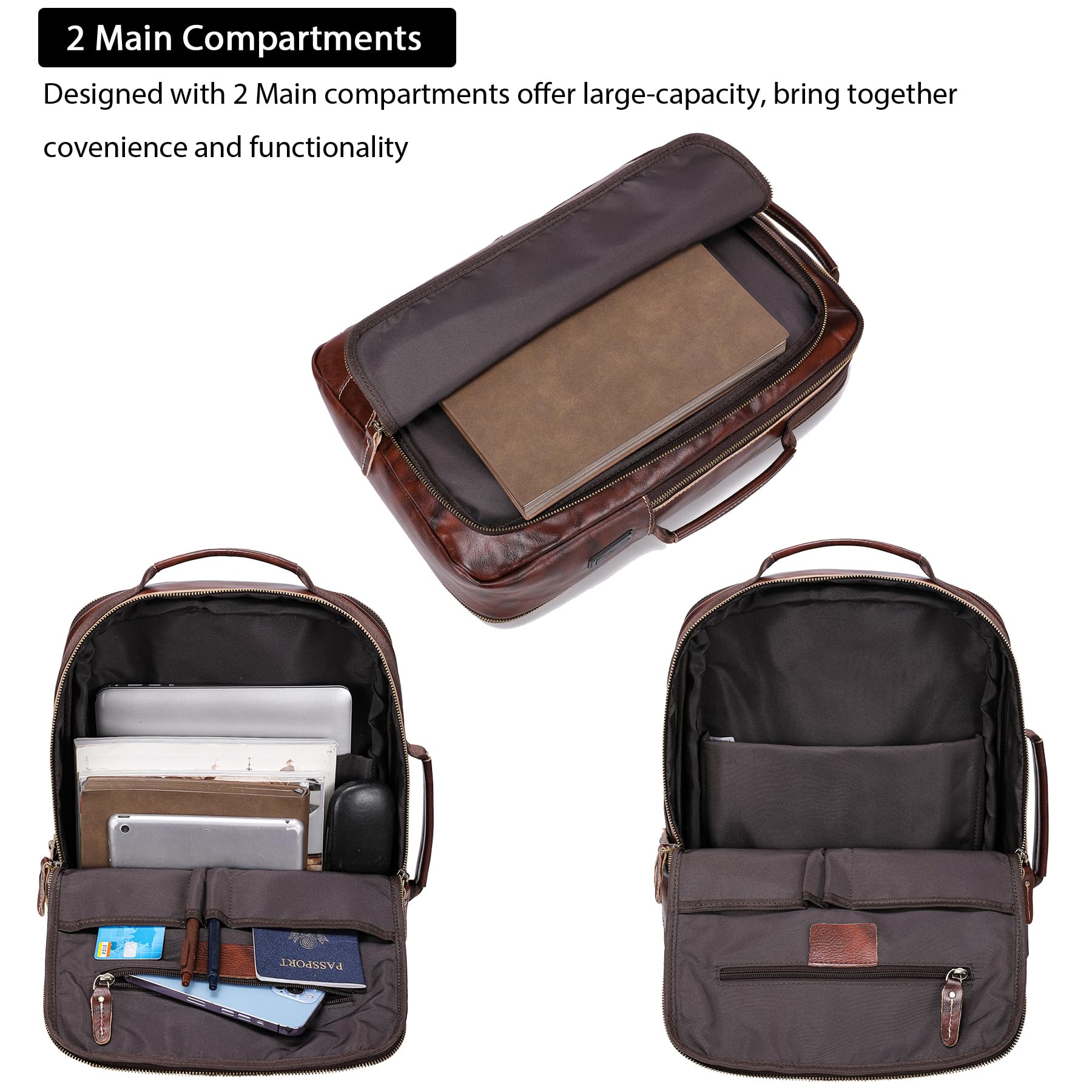 Premium Vegetable Tanned Leather Backpack for Men - Expandable 15.6 Inch Laptop Travel Bag, Durable Shoulder Rucksack for Work, College & Outdoor Adventures
