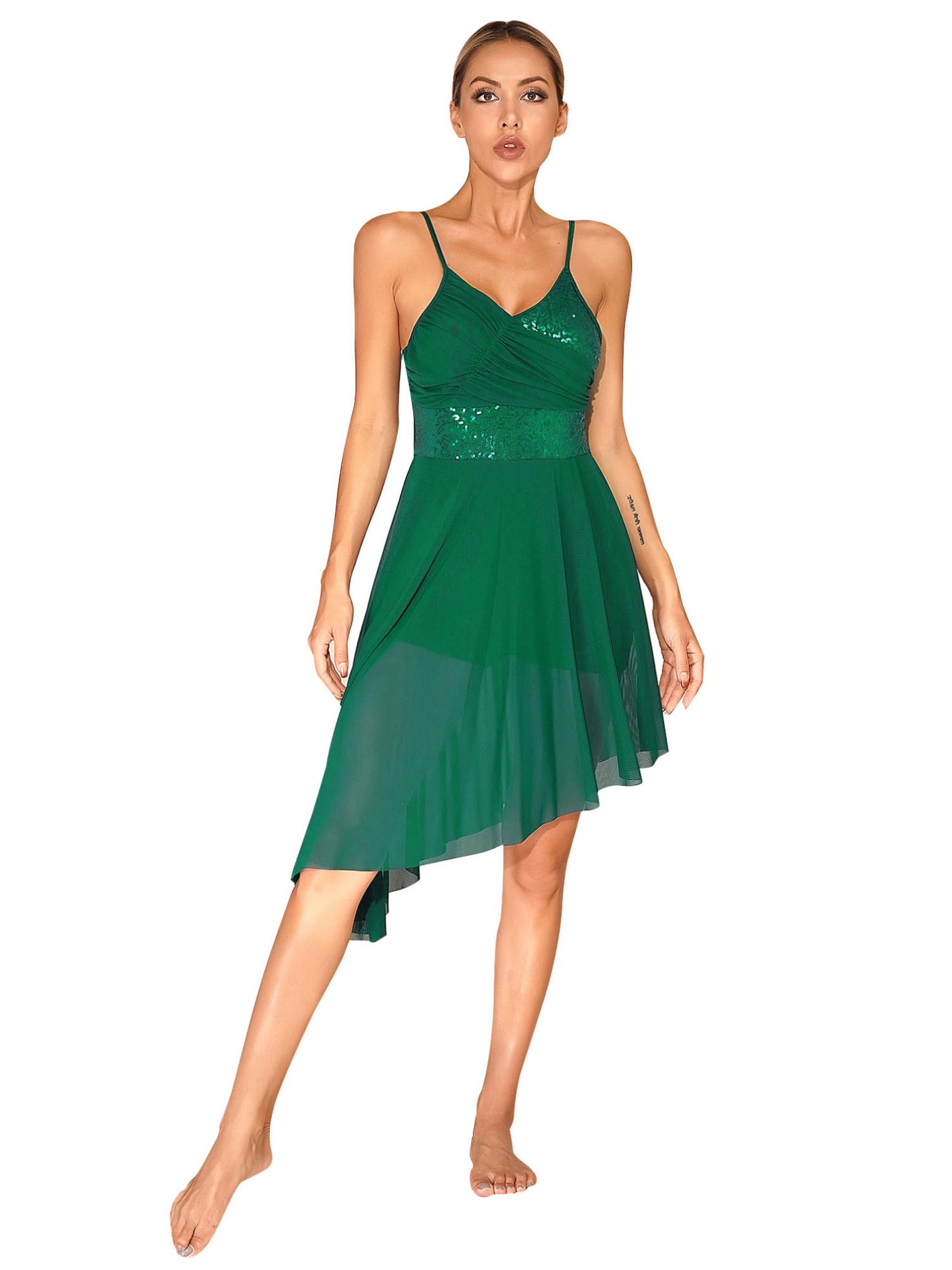 Women's Shiny Sequins Lyrical Dance Dress - Contemporary Mesh Spaghetti Strap Tulle Skirt Dancewear for Performances & Competitions