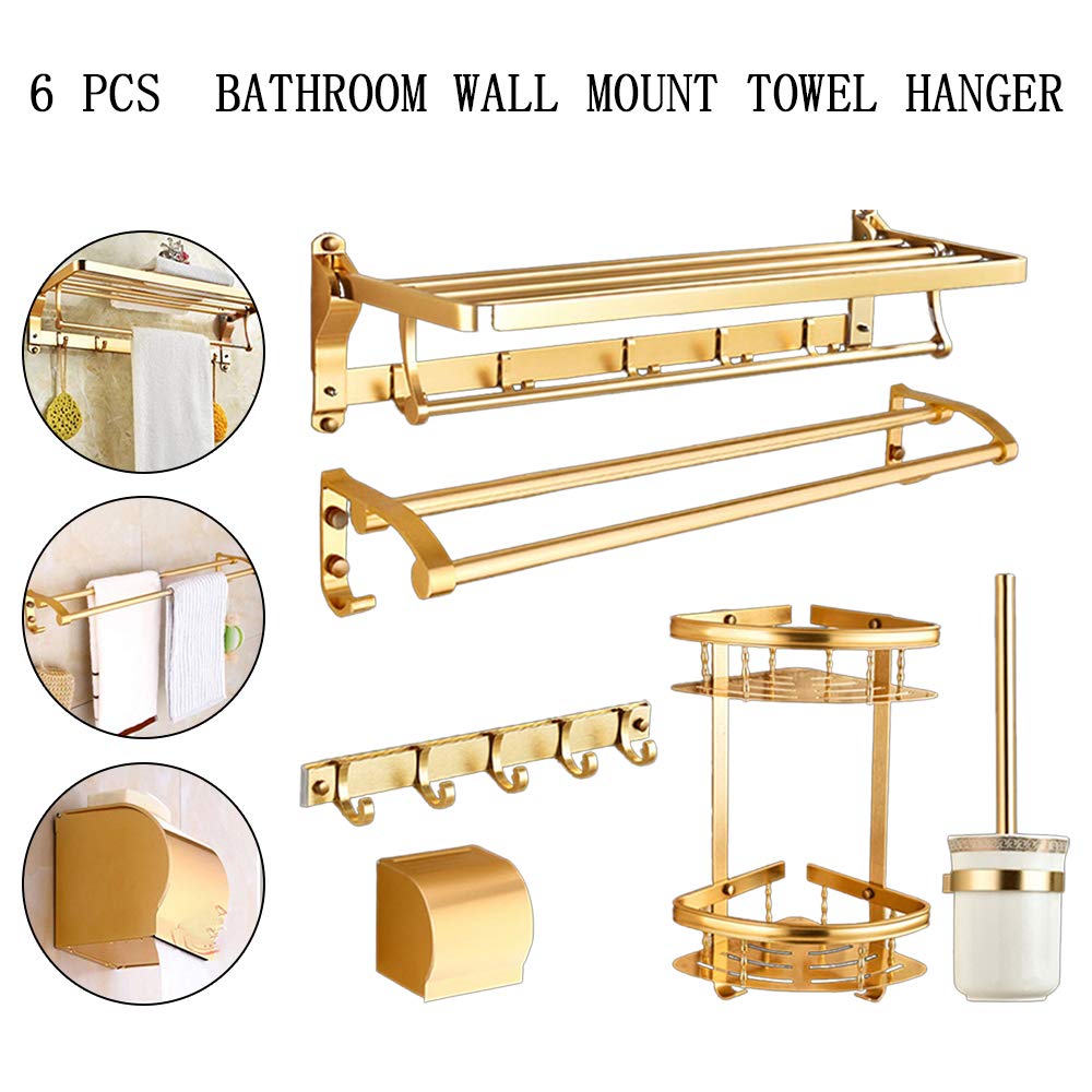 6Pcs Aluminum Bathroom Hardware Set - Wall Mount Towel Rack, Double Towel Holder, Hooks, Toilet Brush & Roll Tray | Modern Bathroom Organization for Home, Apartment & Hotel Use