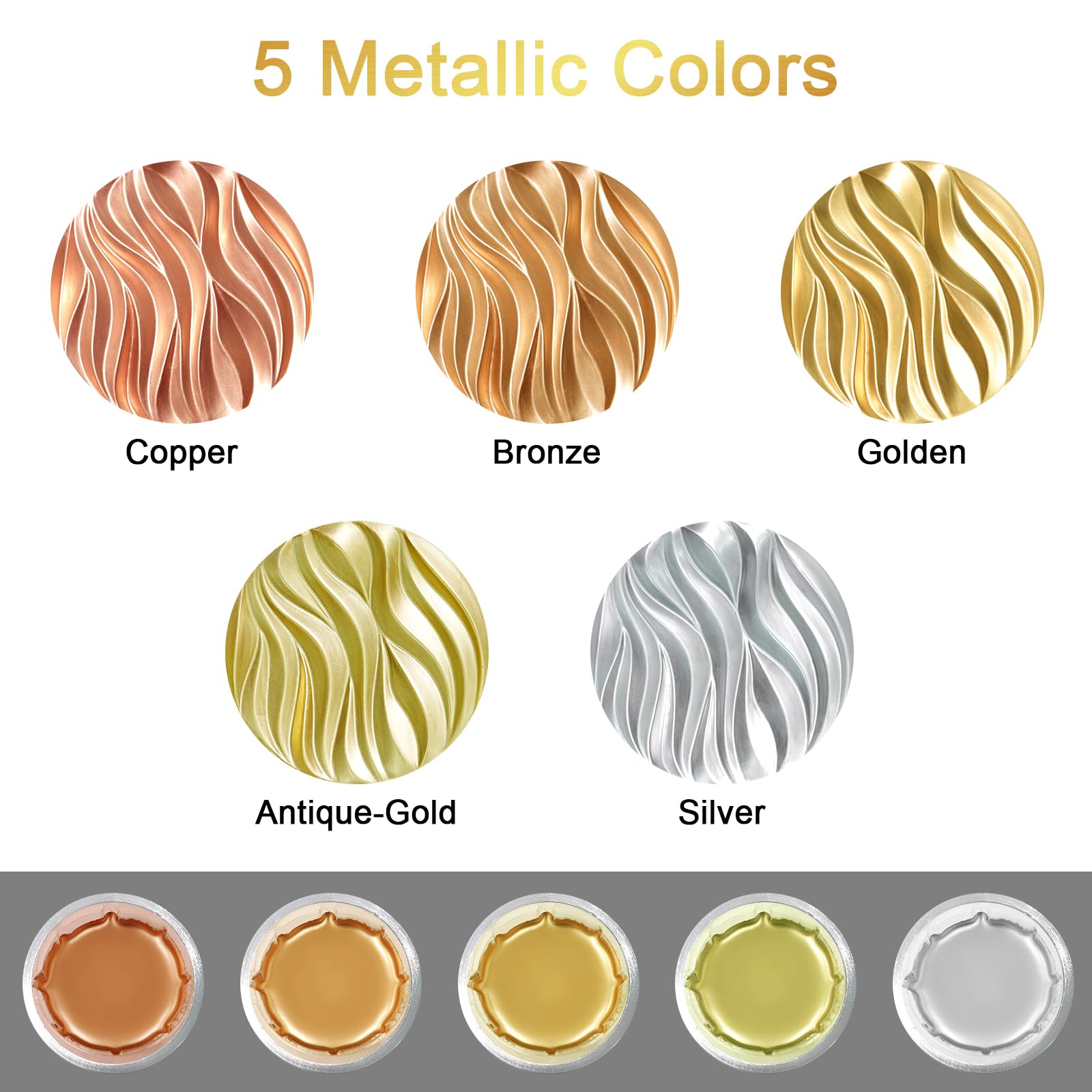 Renfio Metallic Pigment Powder - 5 Colors Gold Mica Powder for Resin, Epoxy, Polymer Clay & Candle Making - 6 x 20ml Metal Powder Pigment Set - Perfect for DIY Crafts, Kintsugi Art, Soap Making & Nail Art Designs
