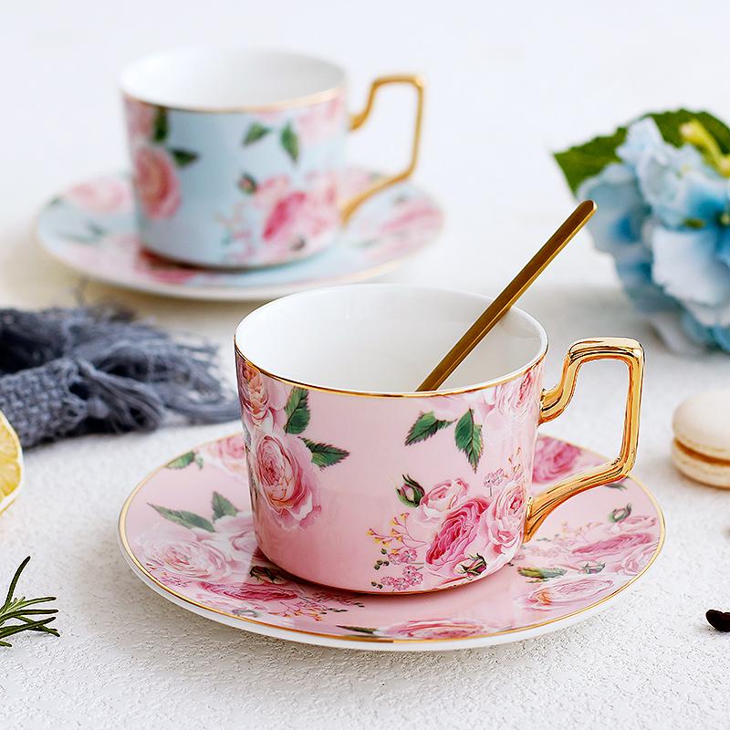 Elegant Blue Porcelain Coffee Cups with Gold Trim & Gift Box - British Tea Cups Set, Rose Flower Tea Cups & Saucers for Latte, Espresso & Afternoon Tea - Perfect for Gifts, Bridal Showers & Coffee Lovers