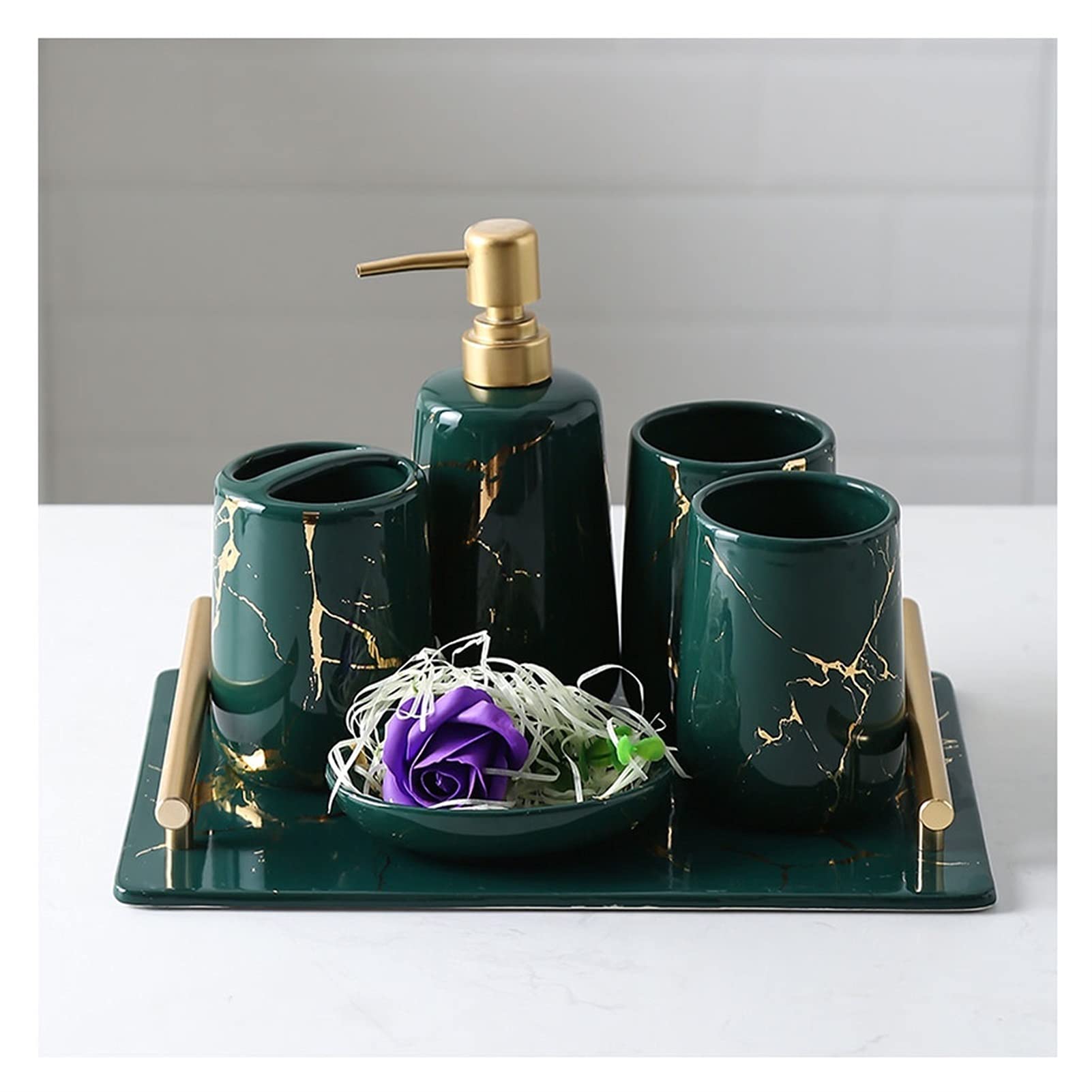 Premium Ceramic Refillable Liquid Hand Soap Dispenser Set - 6 Piece Bathroom Accessories Kit with Soap Dispenser, Toothbrush Cup, Tumbler, Soap Dish & Tray | Elegant Hotel-Style Decor for Home, Guest Bath & Spa Retreat