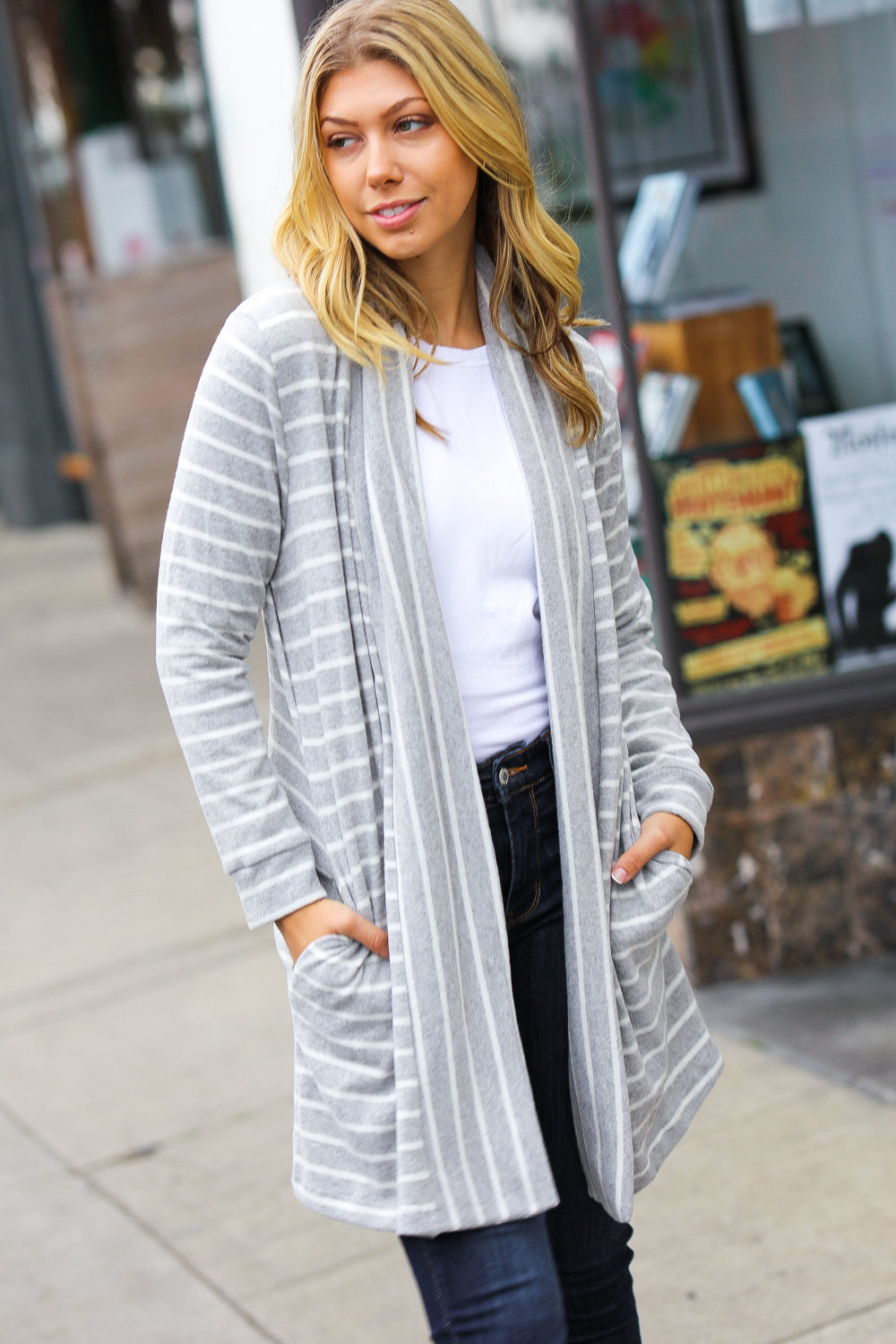 Grey Striped Hacci Open Cardigan for Women - Soft Lightweight Knit Sweater Wrap - Perfect for Layering, Office Wear & Casual Outfits