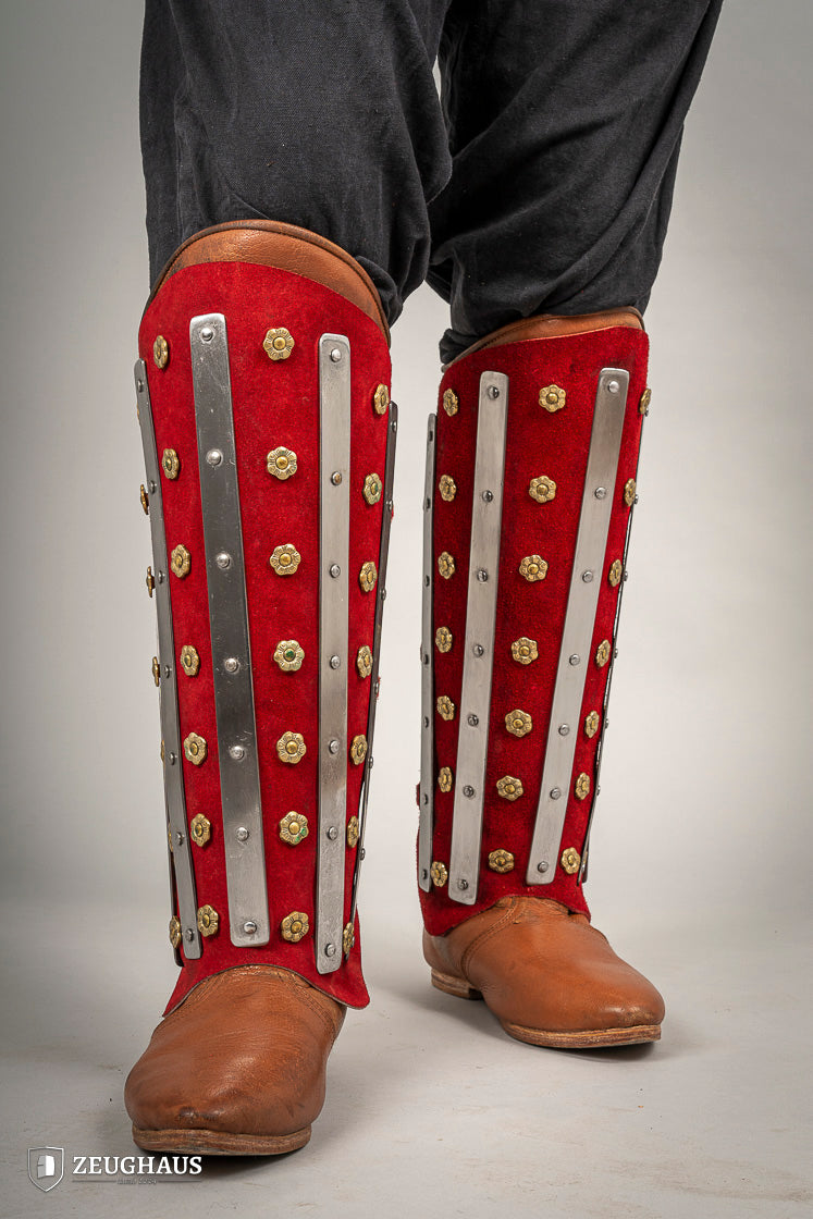 Premium Splinted Suede Leather Greaves - Red Medieval Armor Leg Protection for LARP, Cosplay & Renaissance Faires