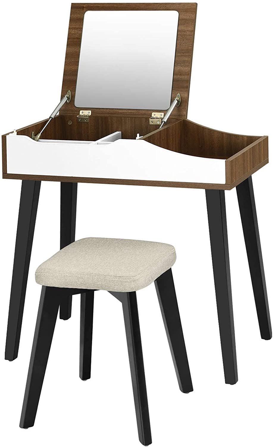 LDAILY Vanity Table Set with Bench - Dressing Table with Flip Top Mirror, Detachable Partition & Removable Organizer, Writing Desk for Women & Girls - Perfect for Bedroom Makeup, Coffee Corner & Home Office Workspace