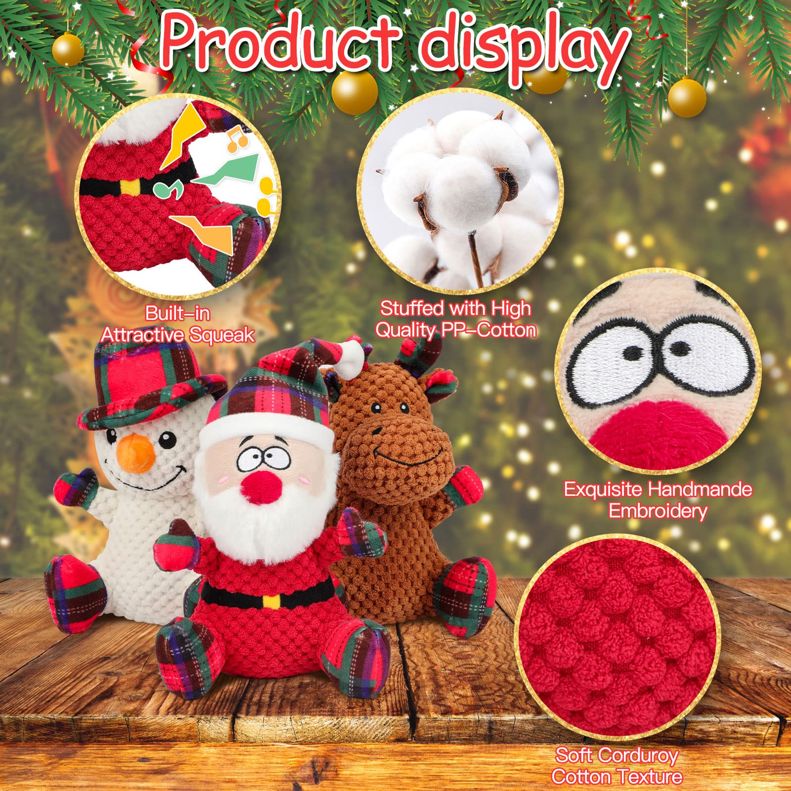 Rypet 3 Pack Christmas Dog Toys - Durable Plush Chew Toys for Small & Medium Dogs - Interactive Pet Stuffed Animals for Playtime & Training