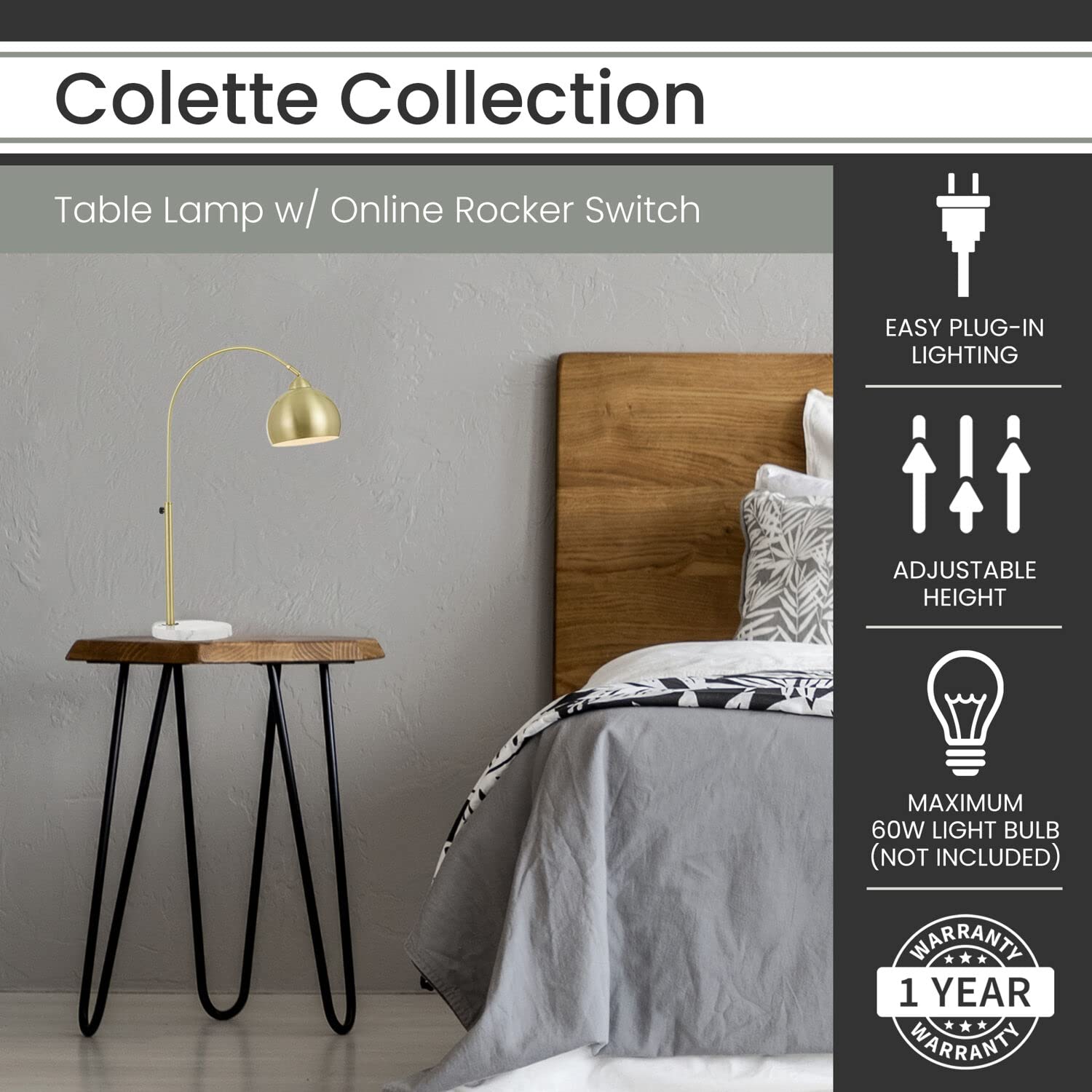 Hanover Colette Adjustable Arm Table Lamp - Metal Globe Shade in Pale Gold with Marble Base | Bedroom Nightstand, Living Room Accent, Hallway Lighting | Plug-in Desk Lamp for Home Office & Reading Nook