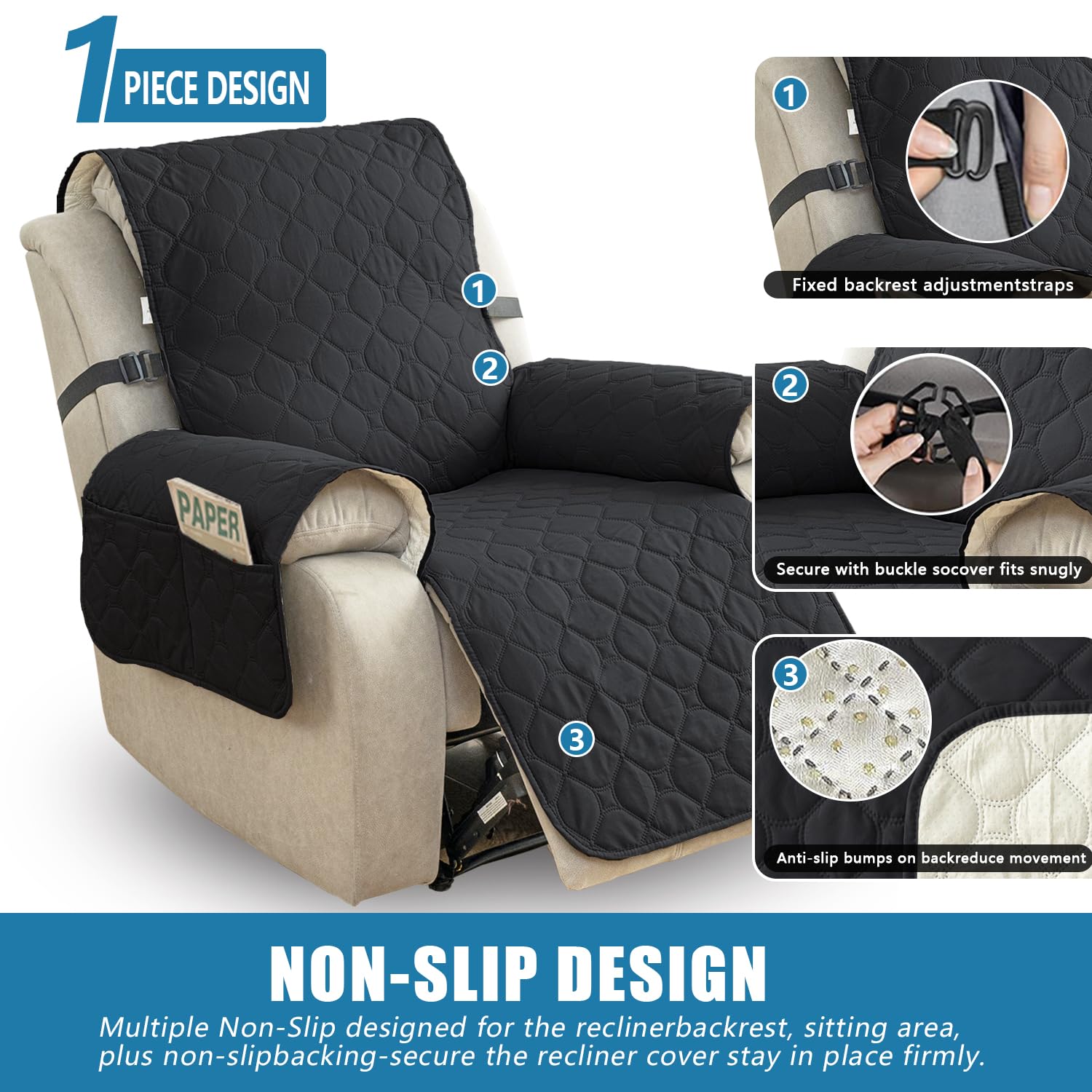 100% Waterproof & Non-Slip Recliner Sofa Slipcover - Washable Pet-Friendly Chair Cover with Elastic Straps, Universal Reclining Furniture Protector (Black, 28